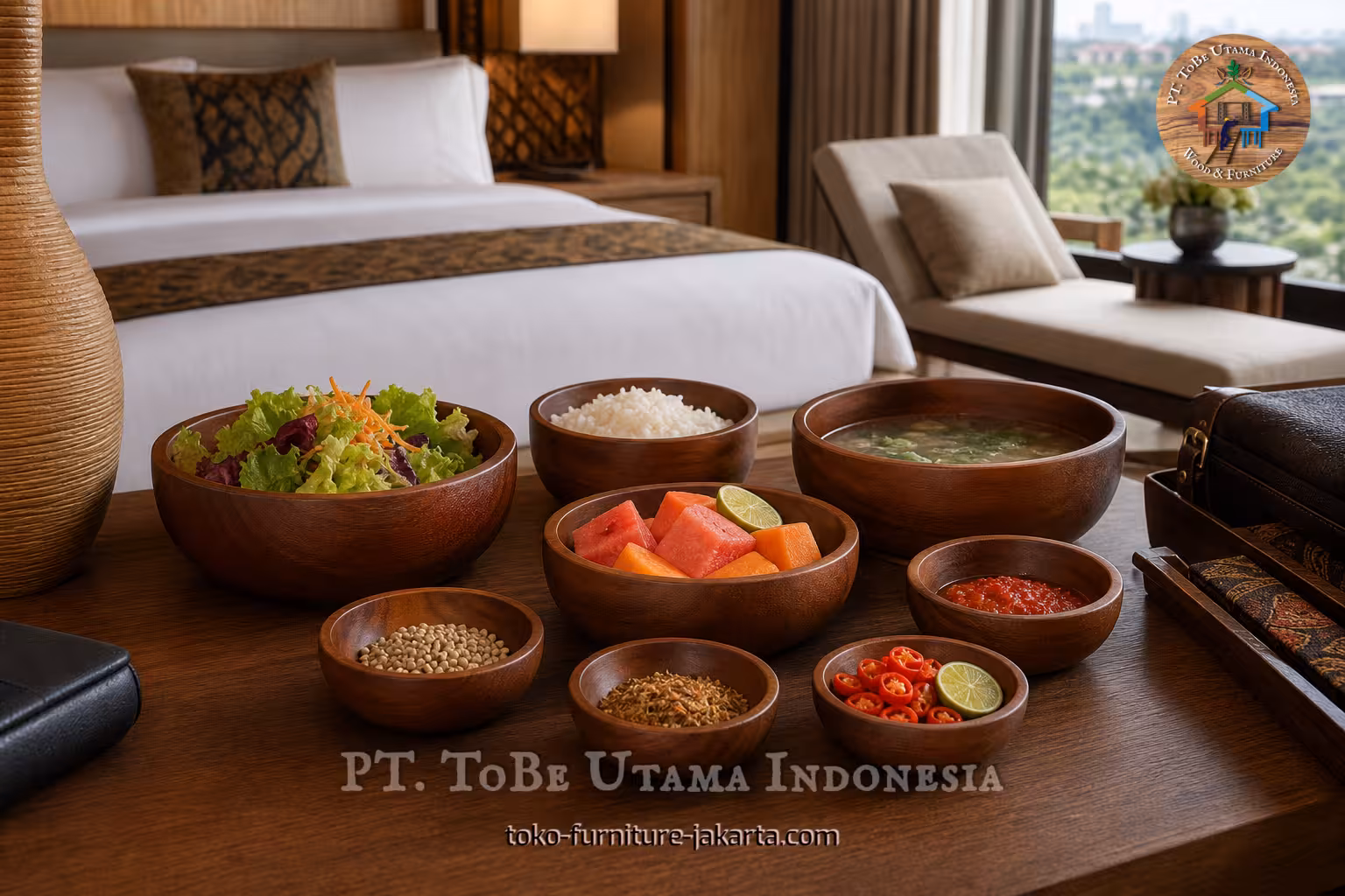 Mangkuk kayu kecil berisi salad, nasi, sup, buah, rempah-rempah, dan saus di atas meja kamar hotel.