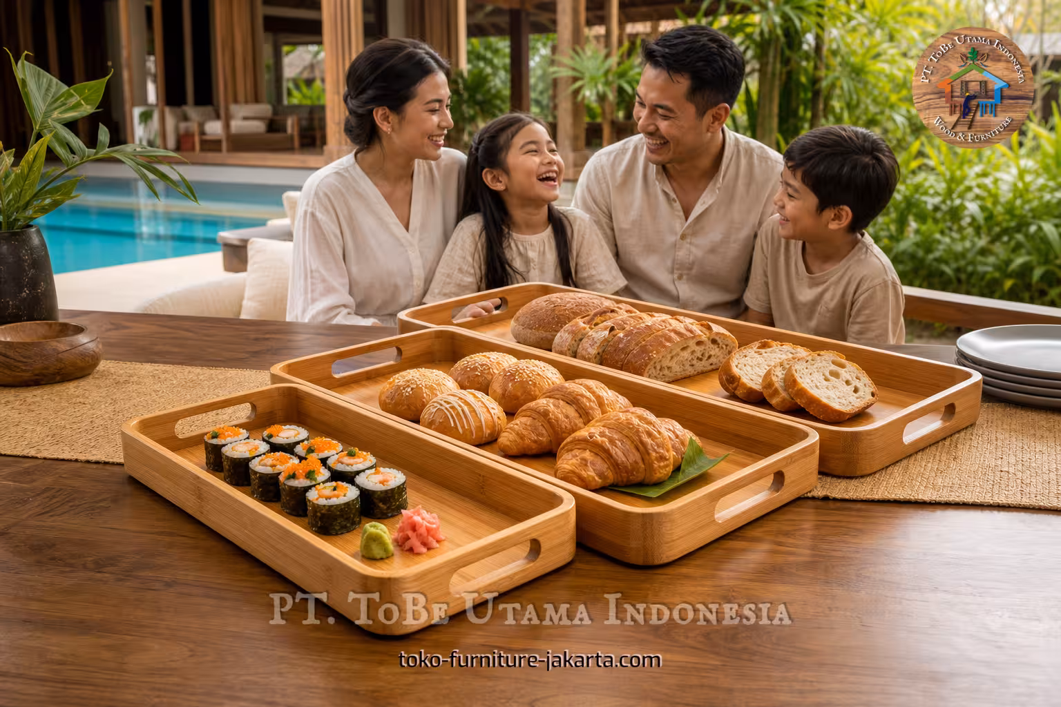 Nampan saji bermotif kayu berisi sushi, kue-kue, dan roti di atas meja keluarga di tepi kolam renang.