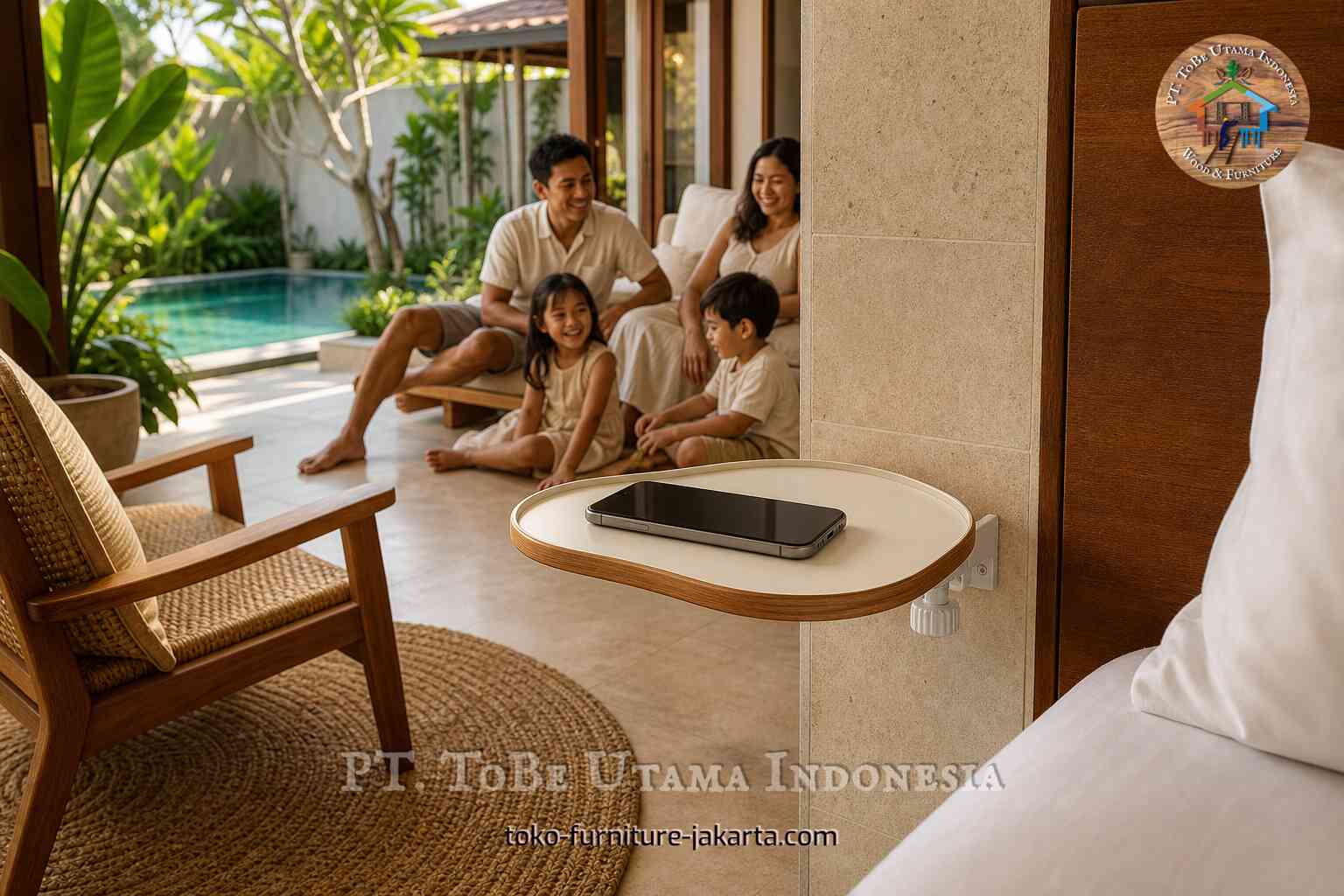 Meja telepon samping tempat tidur yang terpasang di dinding untuk menaruh ponsel pintar di kamar vila keluarga tropis.