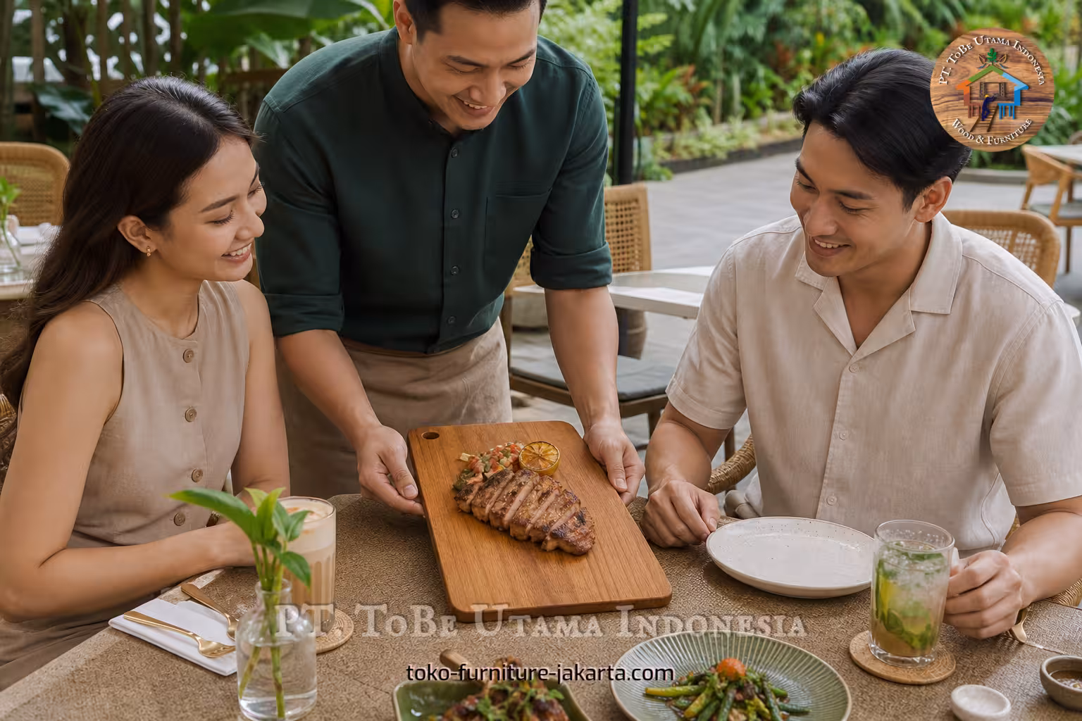 Server presents a wooden cutting board with sliced grilled meat to diners at a leafy patio table