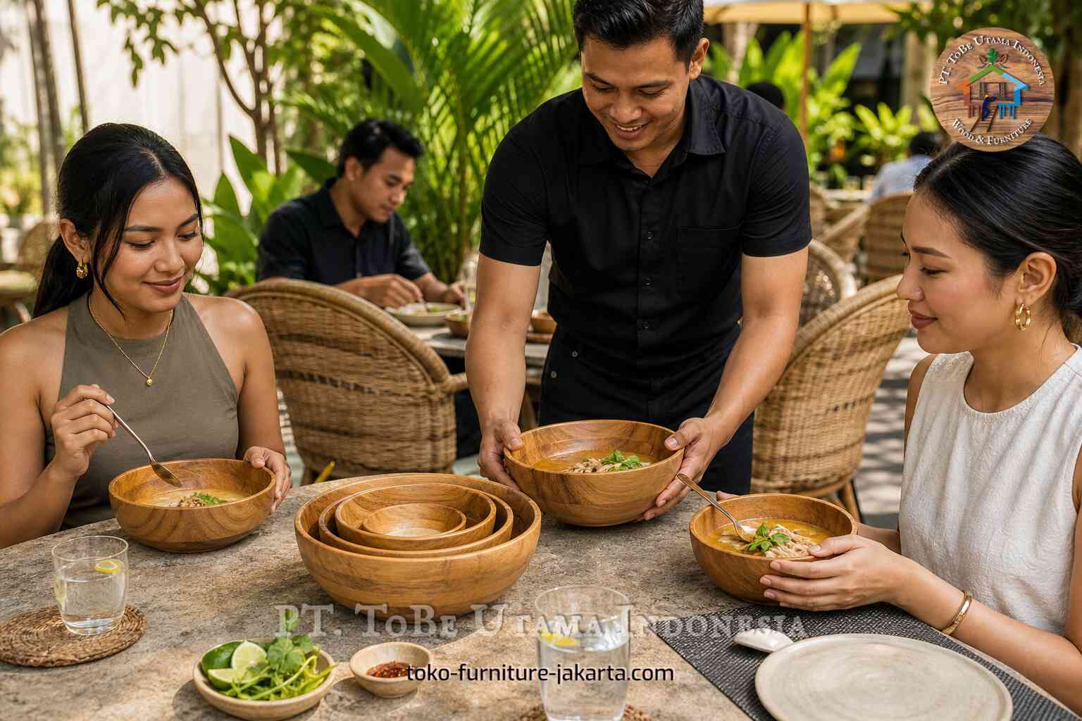 Wooden bowls served with soup at a garden table with diners and a nested bowl set