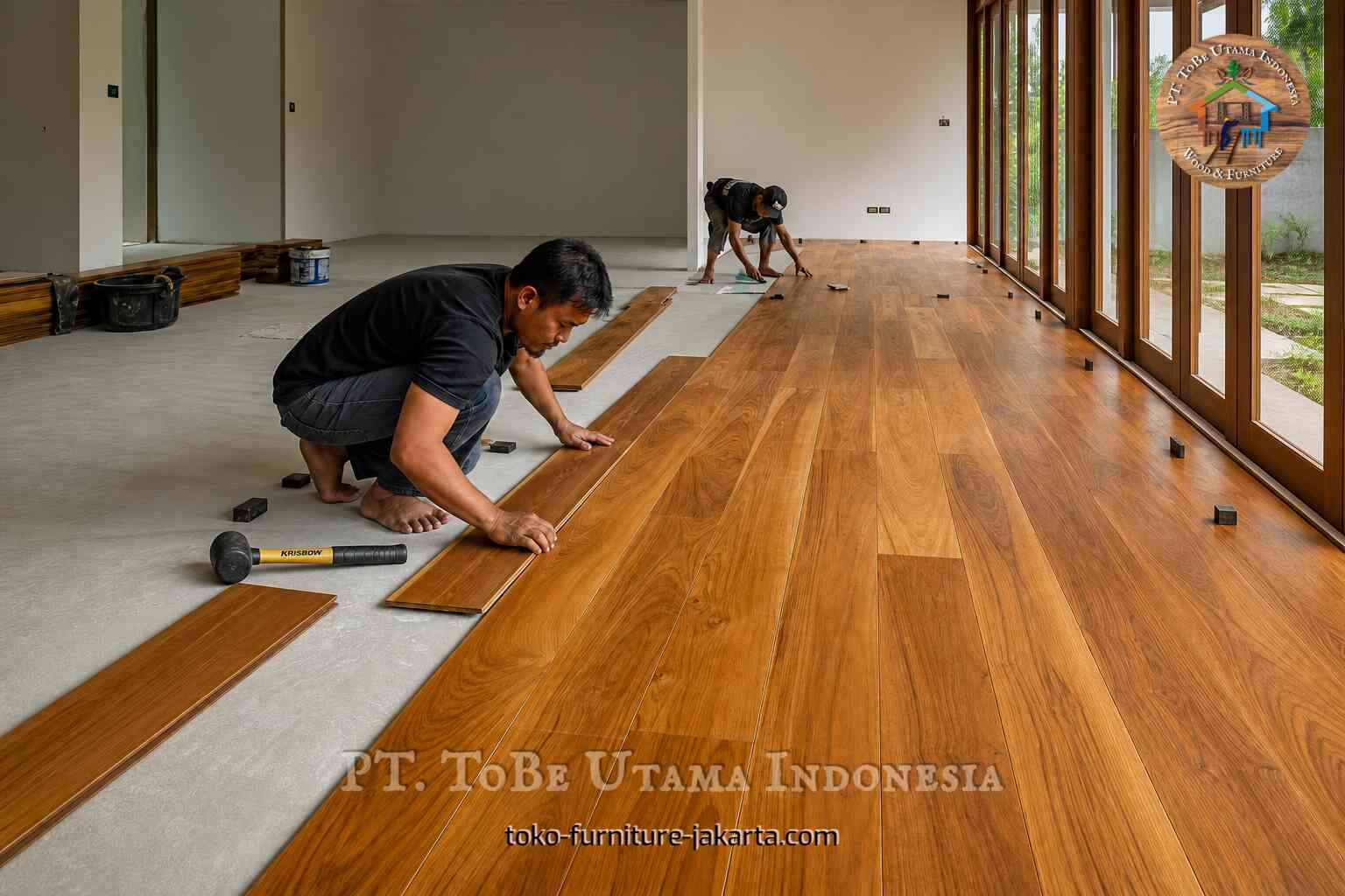 Workers installing warm wood plank flooring in a bright room with glass doors