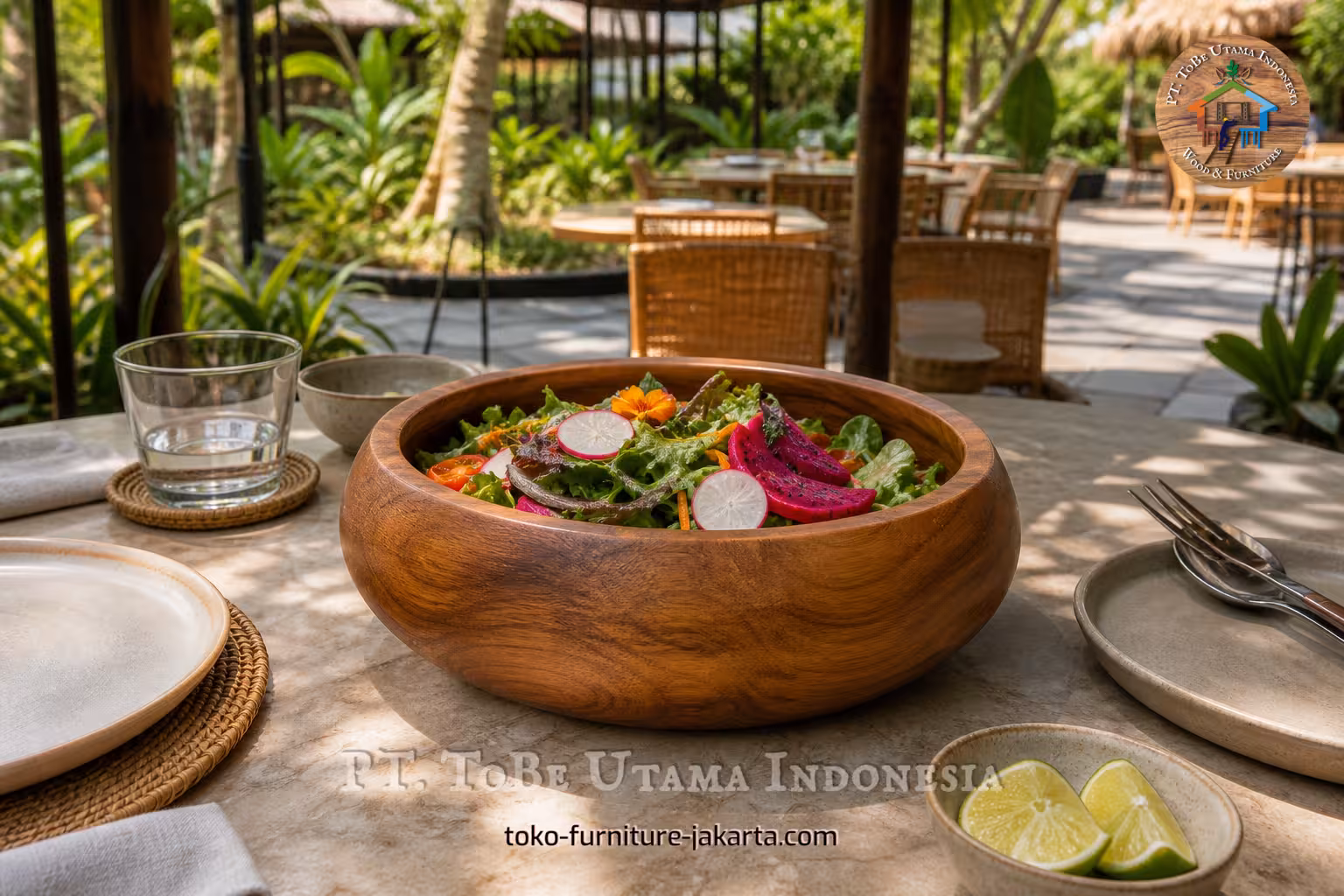 Wooden salad bowl filled with greens, radish, dragon fruit, and flowers on an outdoor cafe table