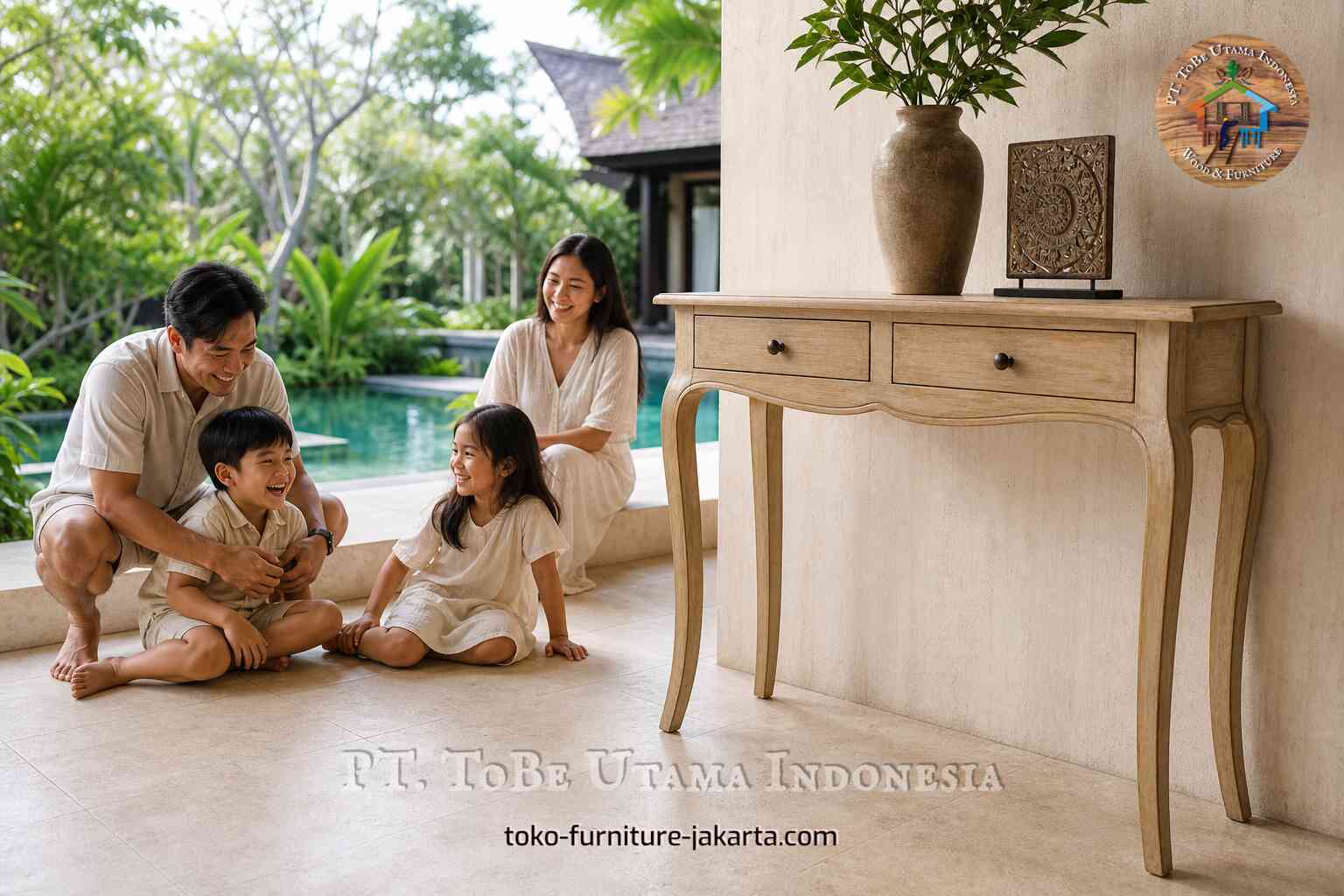 Light wood small table with two drawers on a covered patio beside a pool and seated family