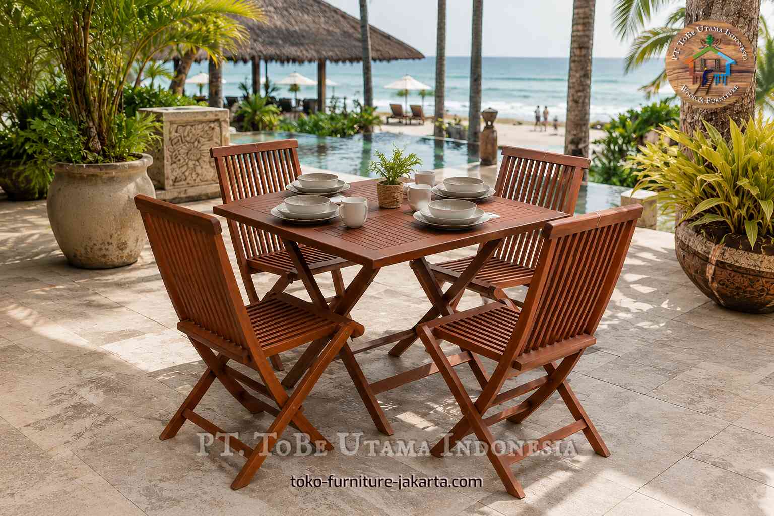 Set meja makan luar ruangan berbentuk persegi dengan finishing kayu dan empat kursi lipat di dekat kolam renang.