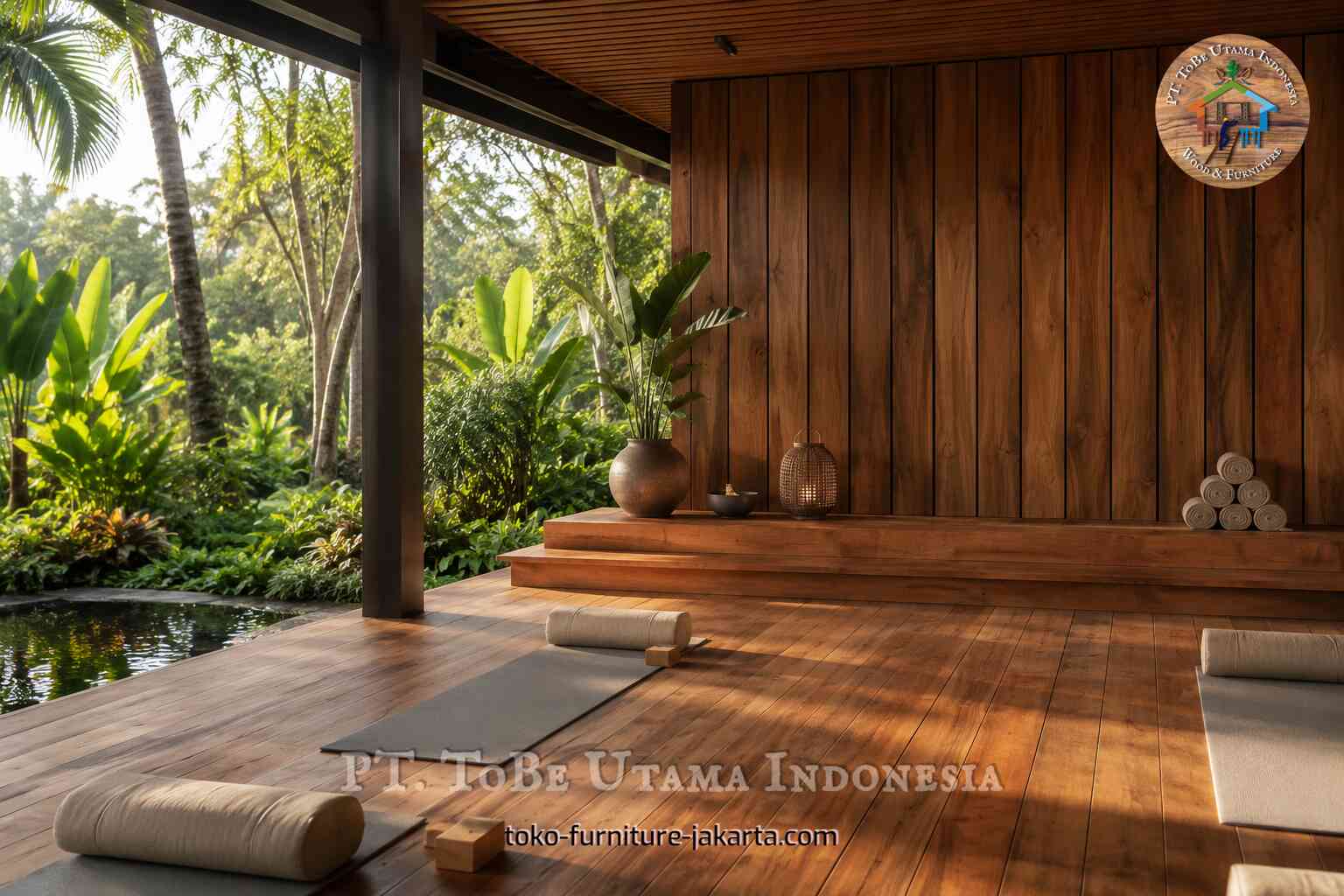 Warm wood plank flooring and wall cladding in a tropical open-air yoga deck with garden views