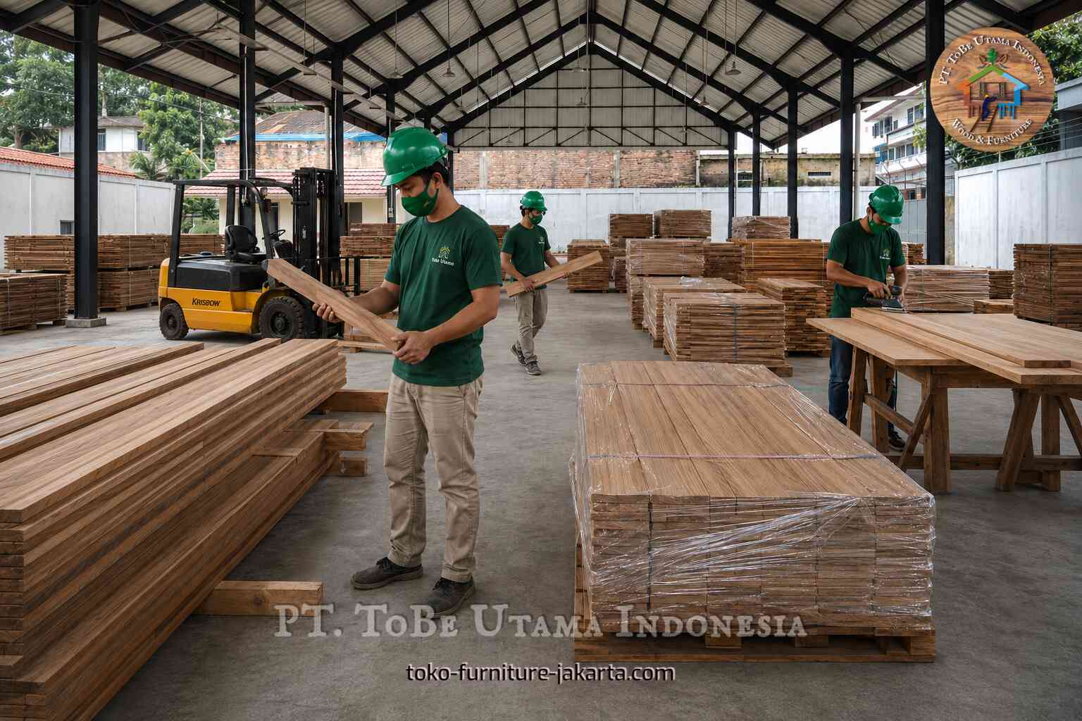 Para pekerja memeriksa dan menumpuk papan kayu di gudang tertutup dengan papan yang sudah diikat dan sebuah forklift.