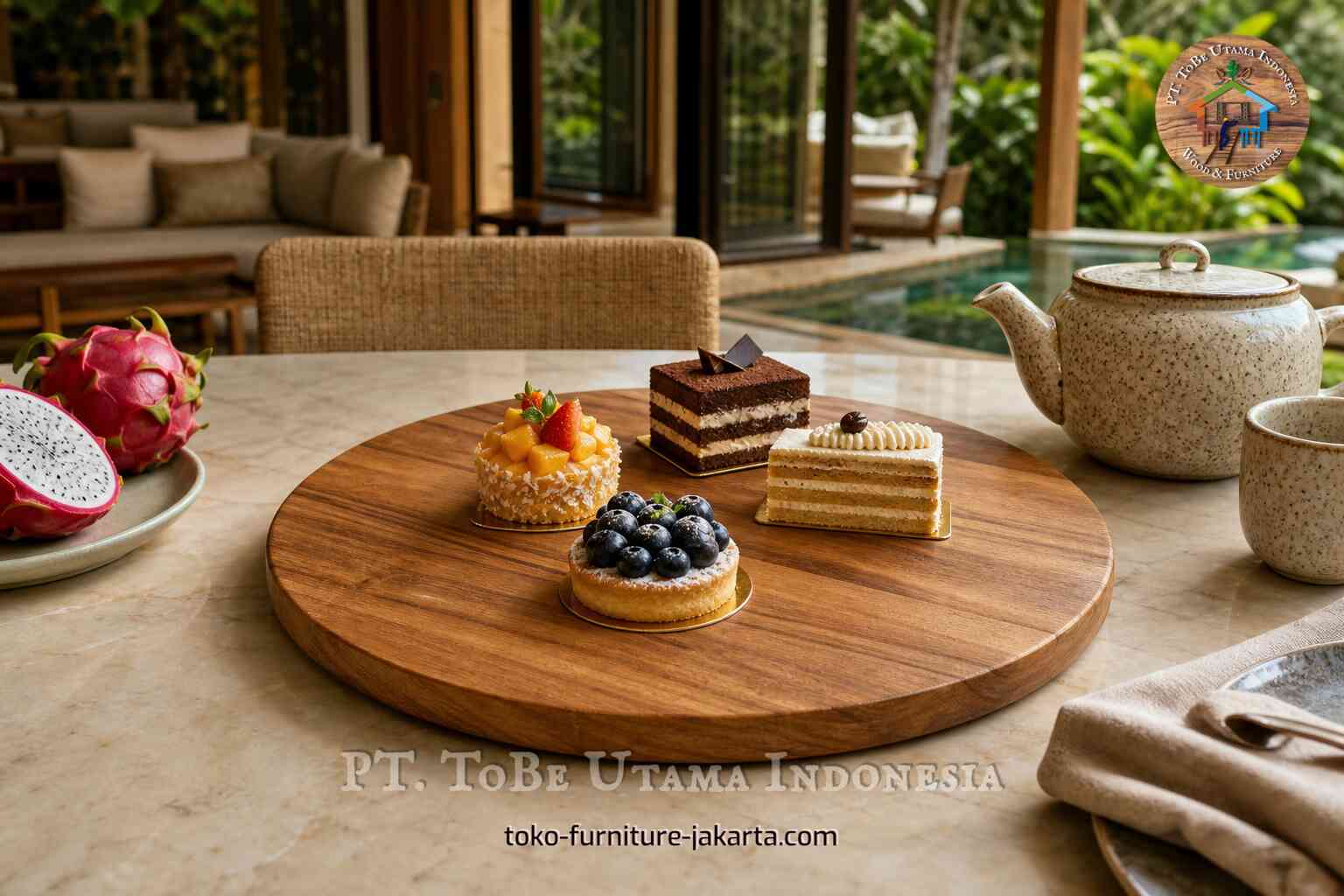 Talenan kayu bundar digunakan sebagai nampan penyajian makanan penutup berisi kue-kue di atas meja teras.