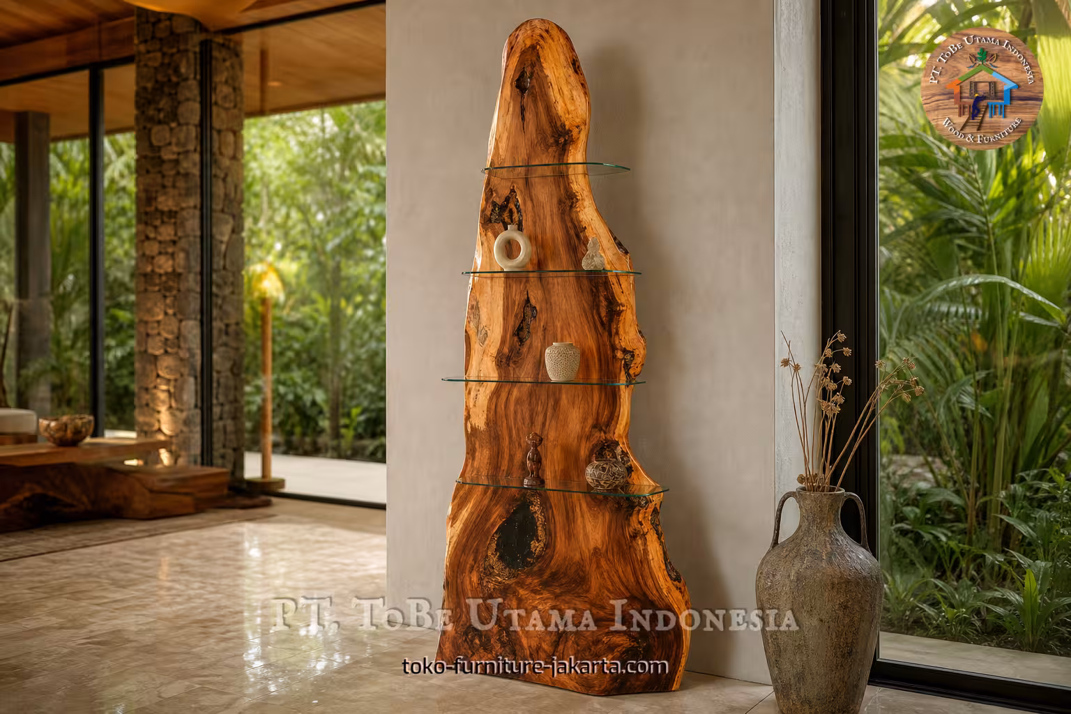 Lemari pajangan kayu berbentuk pohon dengan rak kaca dalam interior modern tropis.