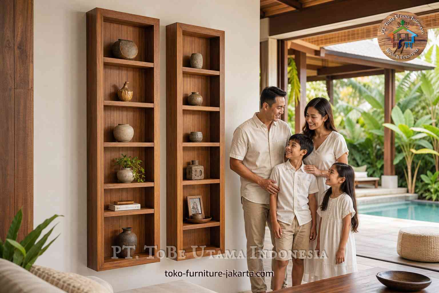 Wood-tone wall showcase shelves displaying ceramics and decor in a bright tropical living room