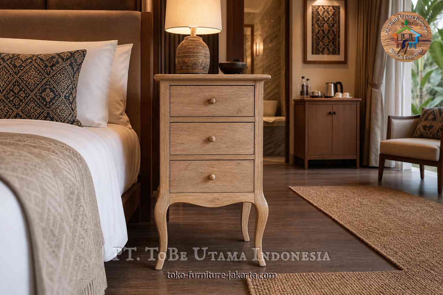 Meja nakas tiga laci dari kayu terang di samping tempat tidur hotel dengan lampu dan dekorasi yang hangat.