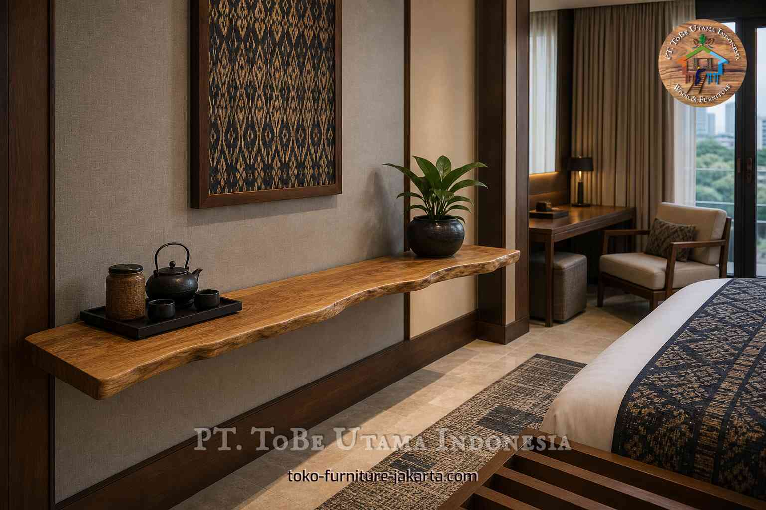 Papan kayu dengan tepi alami digunakan sebagai rak gantung di suite hotel yang hangat, lengkap dengan set teh dan tanaman.