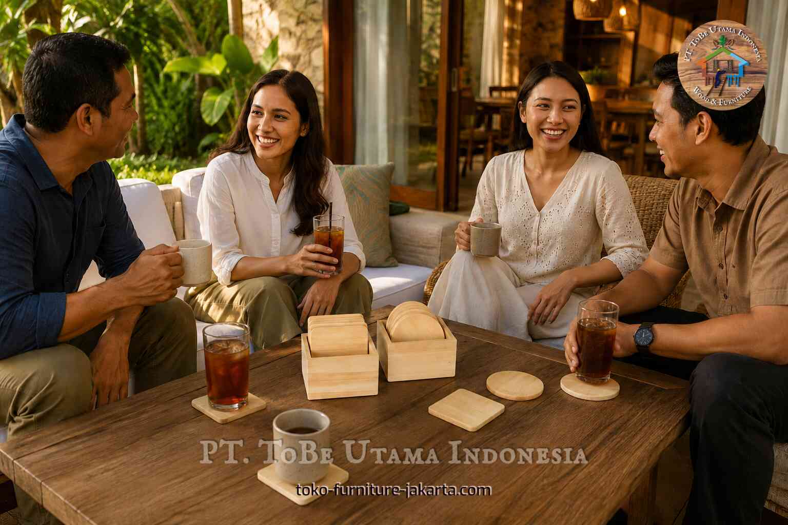 Friends sharing drinks around wooden coasters and holders on an outdoor patio table