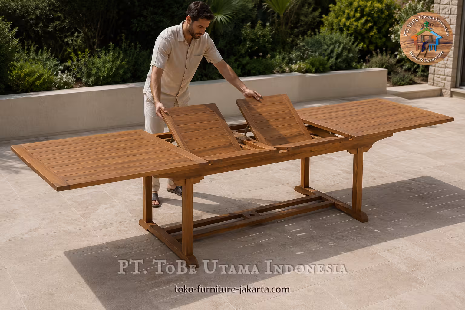 Wood-finish outdoor dining table shown with extension leaves open on a patio