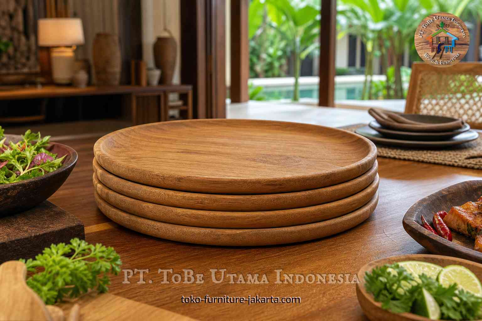 Stacked wooden plates on a dining table with salad, herbs, lime, and a tropical patio setting