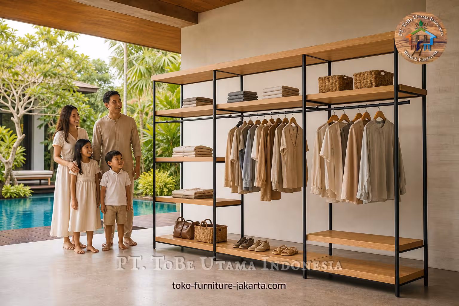 Sebuah keluarga berdiri di samping rak lemari pakaian kayu dan logam hitam dengan rak-rak, pakaian, keranjang, dan sepatu.