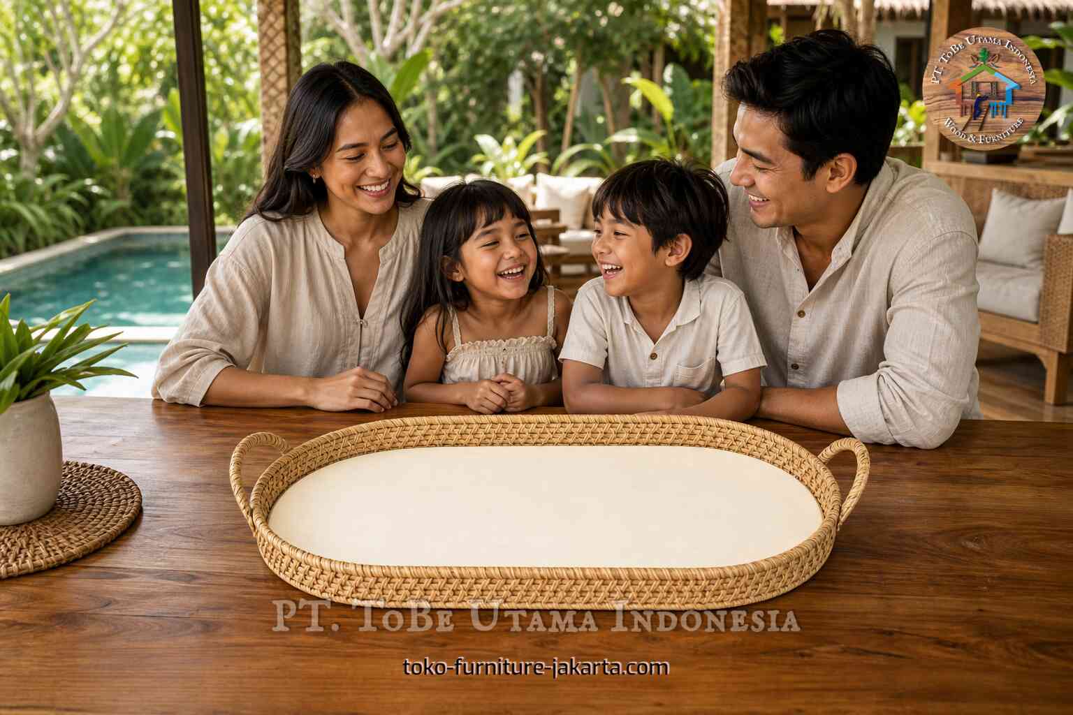 Nampan roti anyaman rotan dengan pegangan di atas meja kayu, sementara sebuah keluarga tersenyum di suasana teras tropis.