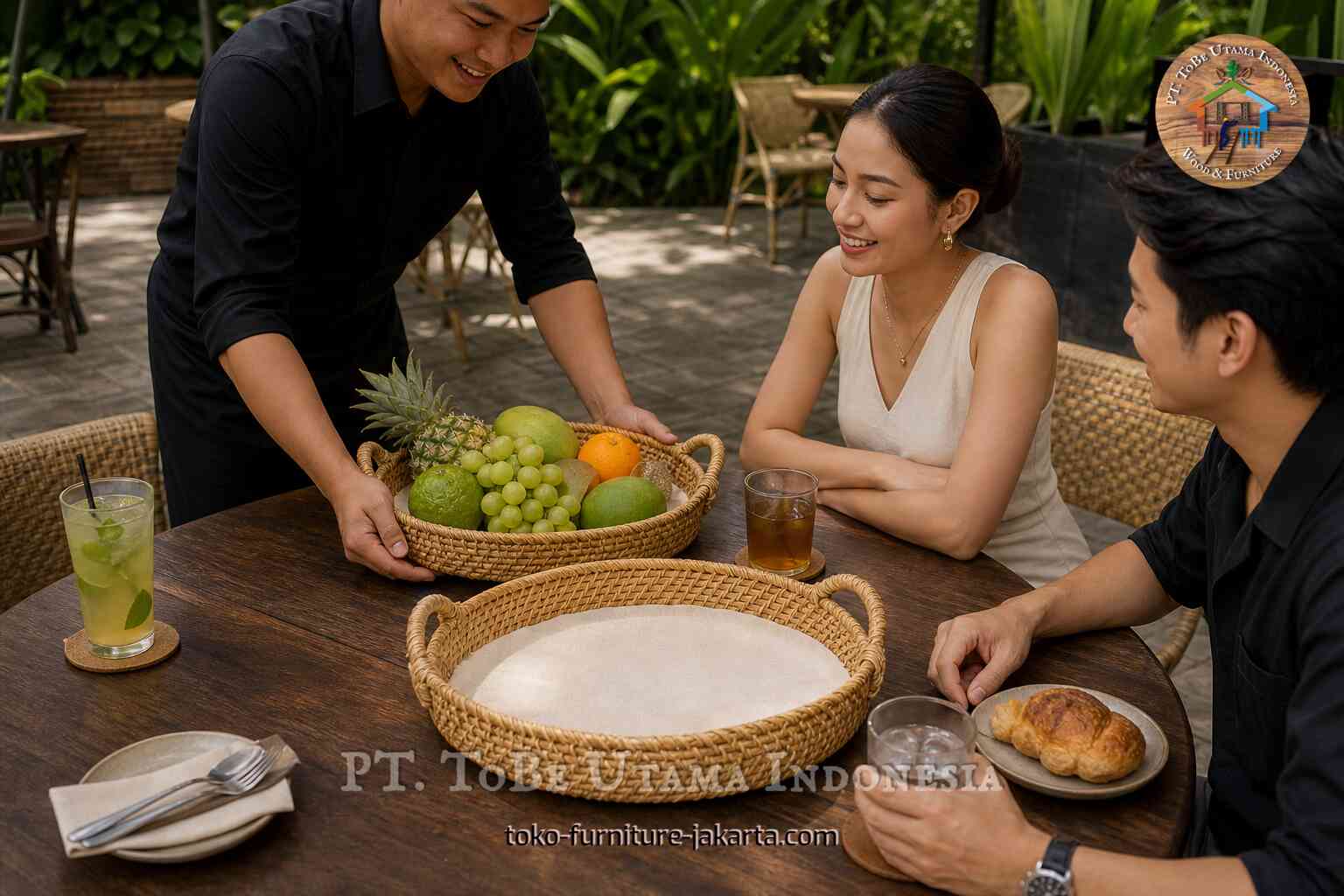 Server placing a woven rattan fruit tray on a patio table with fruit and drinks