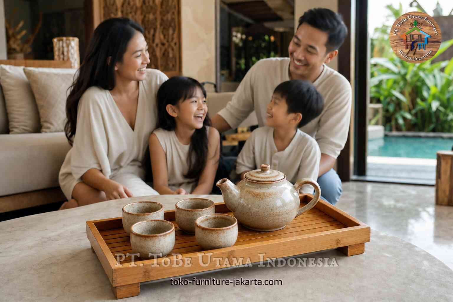 Wooden serving tray holding a ceramic teapot and cups on a table with family in the background
