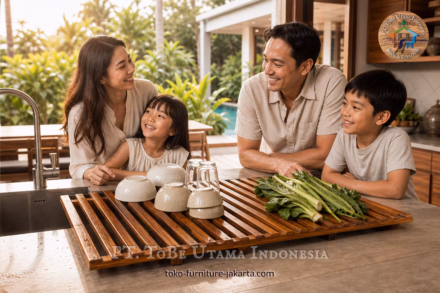 Family in a warm kitchen beside a slatted dish drying rack holding bowls, glasses, and greens