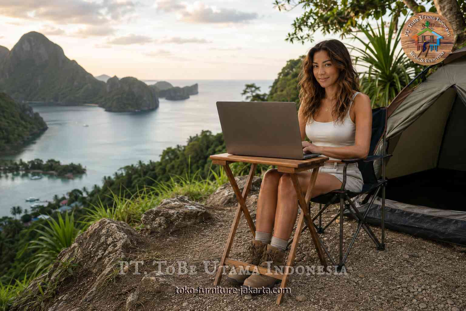 Portable folding camping table used as a laptop desk beside a tent at a mountain campsite