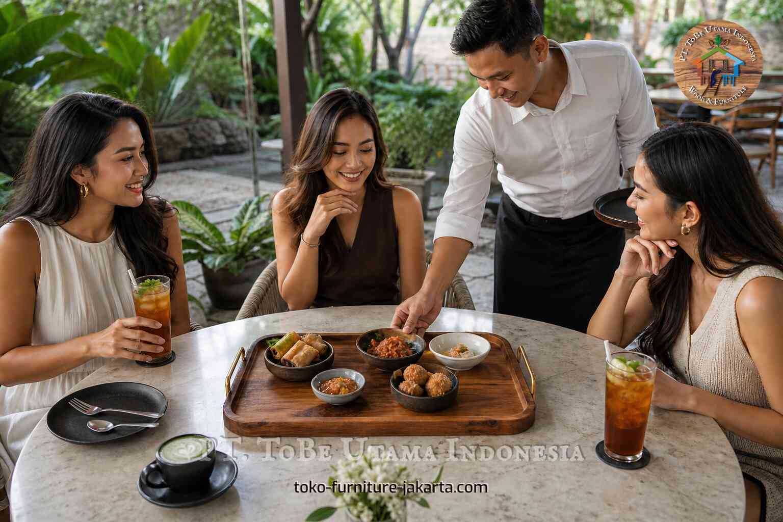Guests share snacks and drinks from a handled wooden tray on a cafe table