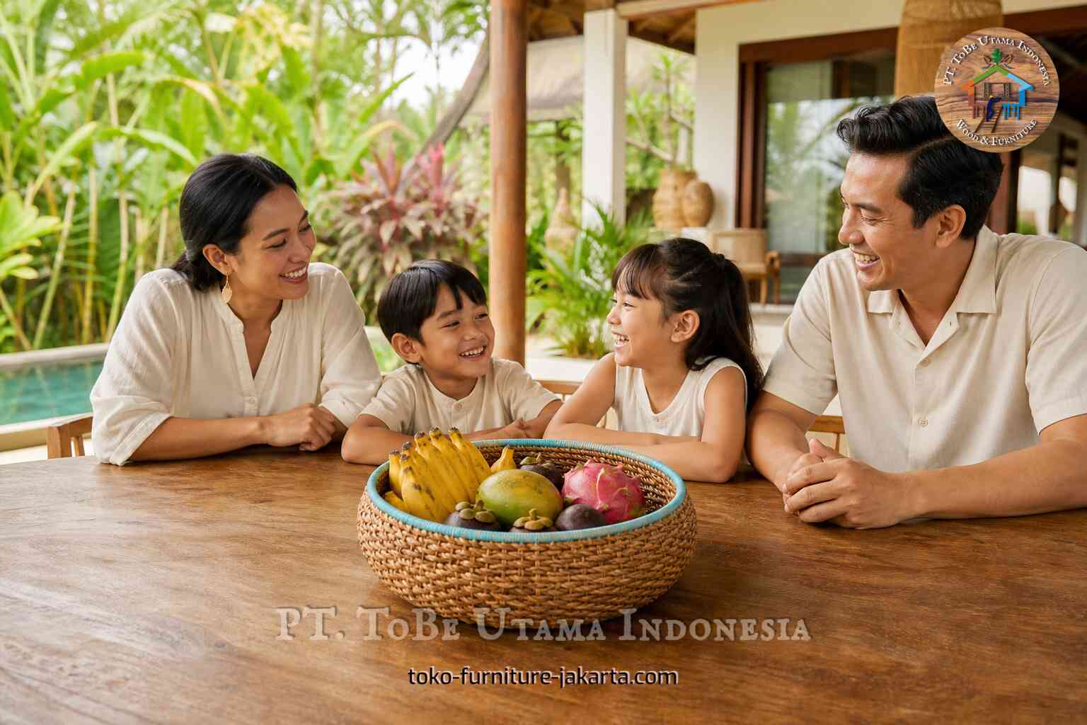 Family smiling around a woven fruit basket on a wooden table beside a tropical patio pool