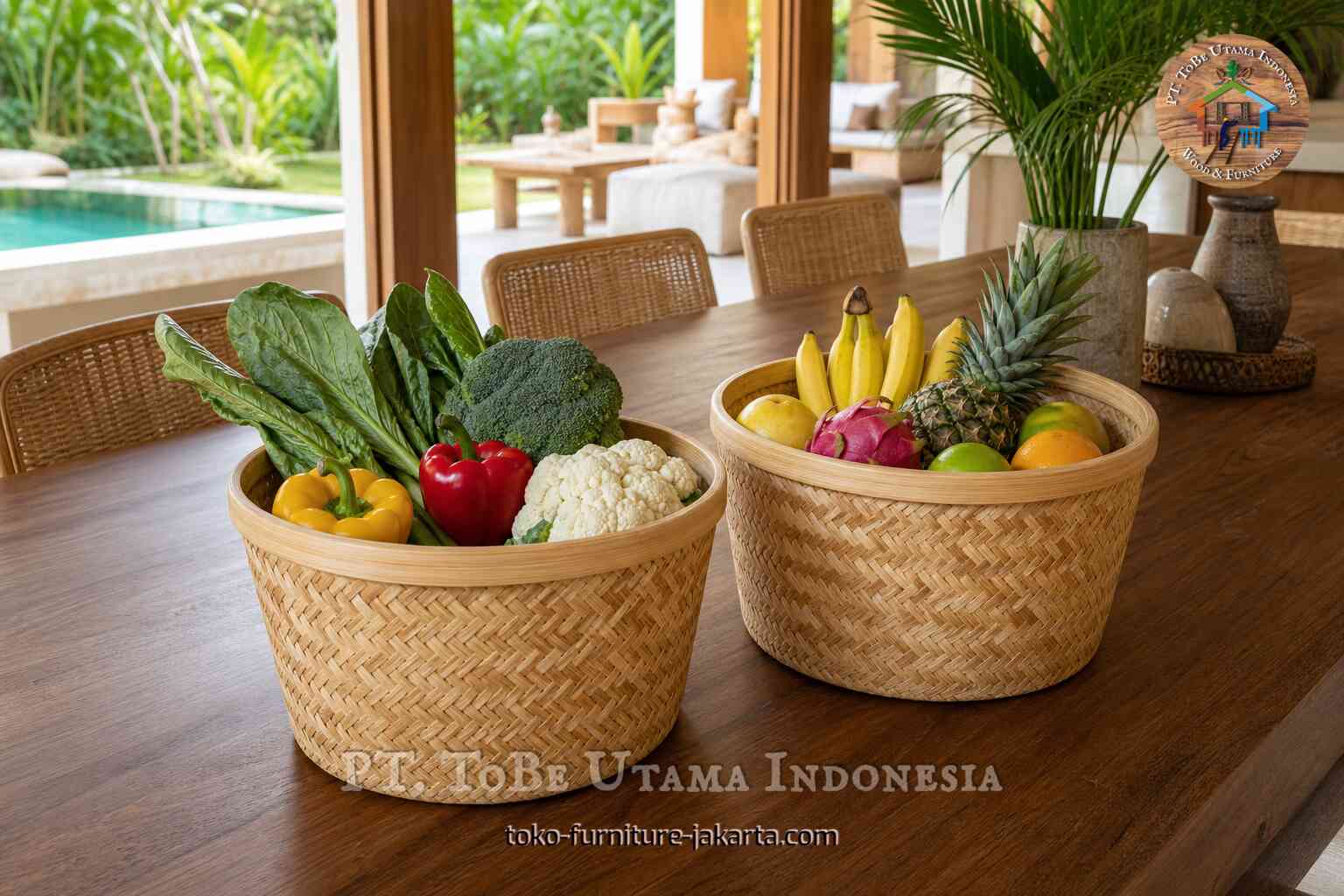Two woven bakul baskets filled with vegetables and tropical fruit on a wooden dining table by a pool