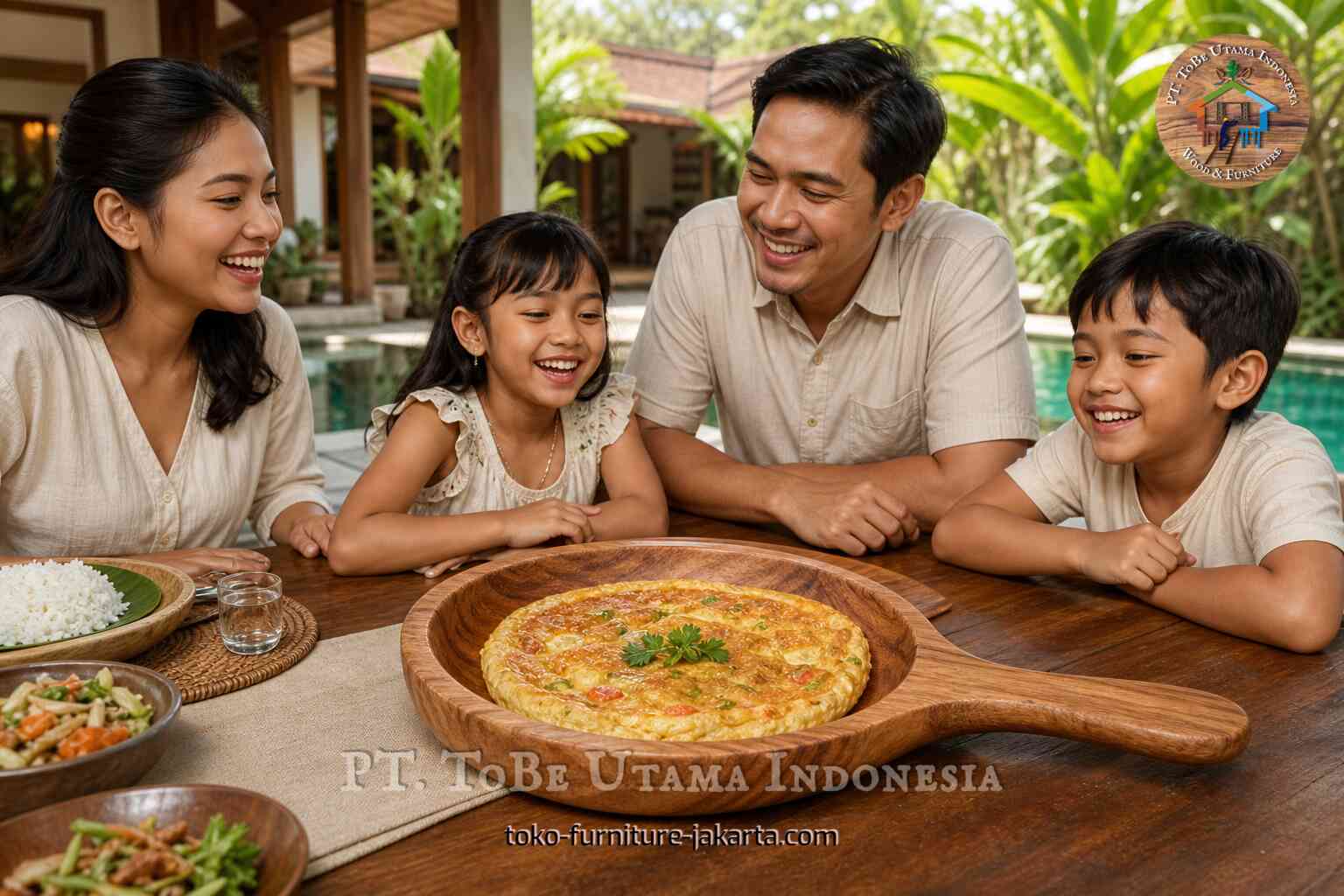 Nampan omelet berisi omelet matang diletakkan di atas meja makan dengan orang-orang di sekitarnya.