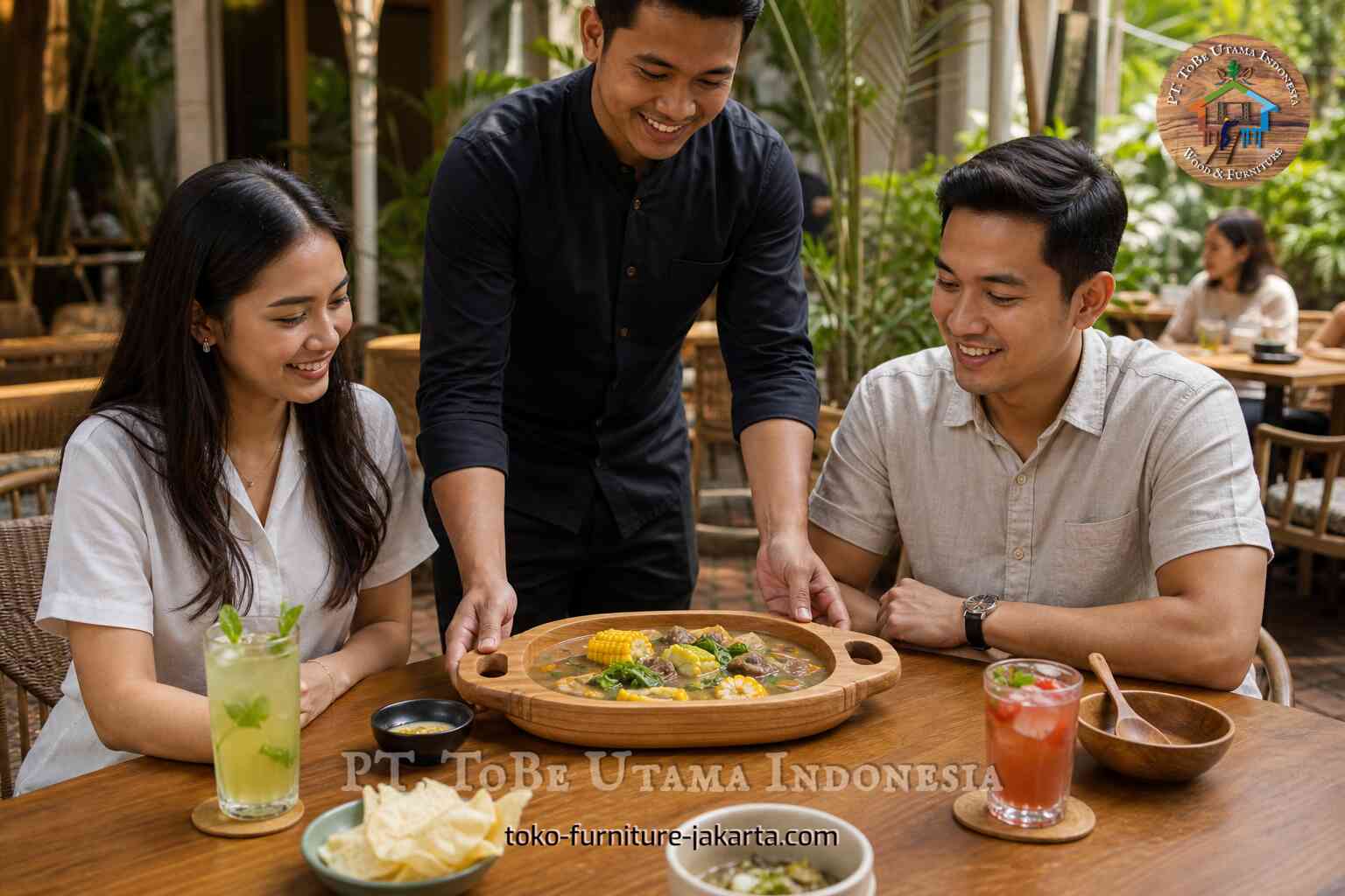 Pelayan menyajikan nampan sup kayu berisi jagung dan kaldu kepada para tamu di meja kafe luar ruangan.