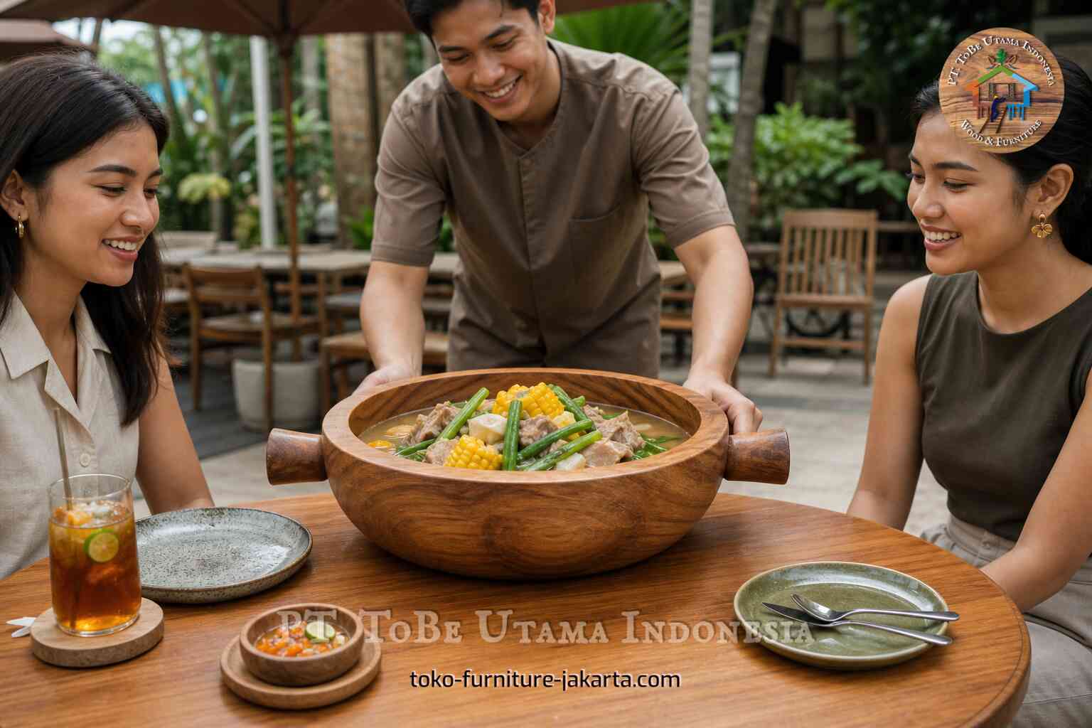 Large wood-look pan soup bowl with corn, green beans, and meat served to guests at an outdoor cafe