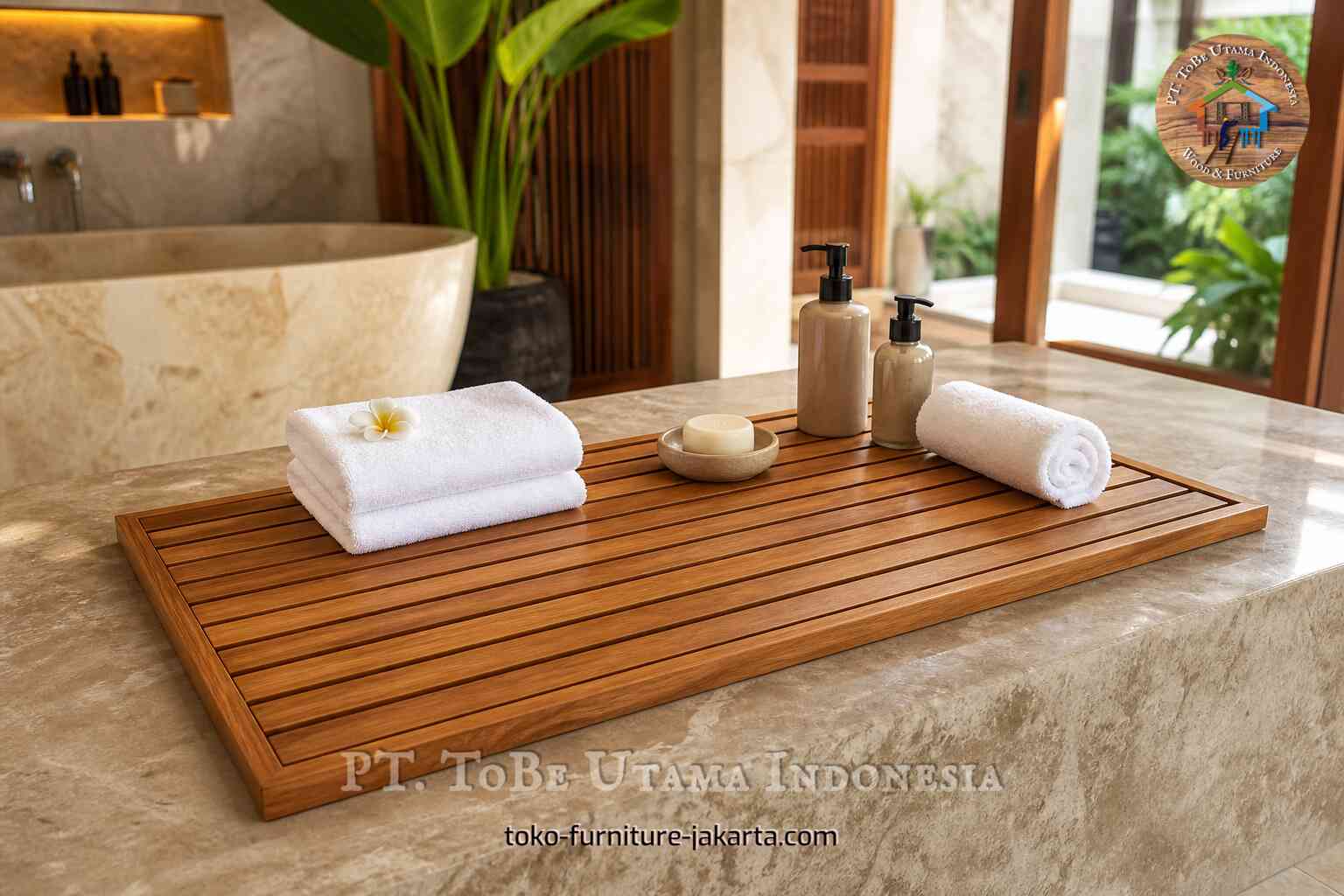 Slatted wooden portable mat on a bathroom vanity with towels, soap, and lotion bottles