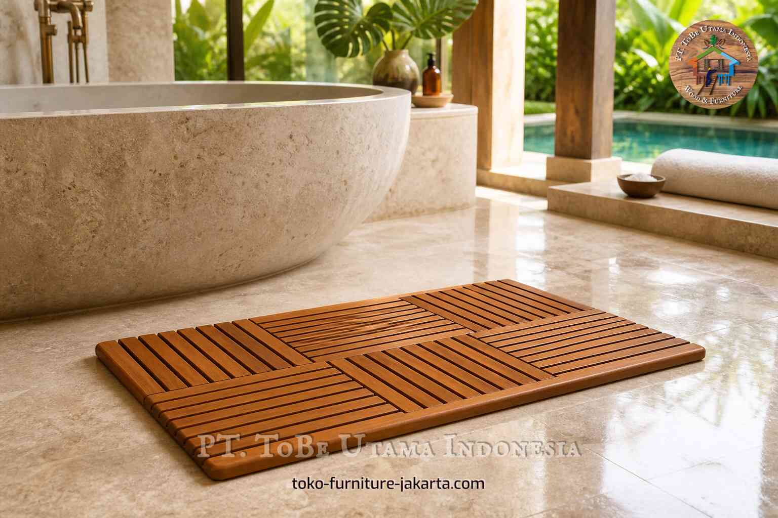 Slatted wooden bath mat on a polished bathroom floor beside a stone tub in a tropical spa setting