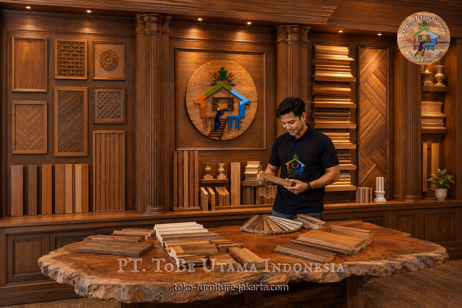Person reviewing wood moulding profiles in a warm showroom with panels, columns, and trim samples
