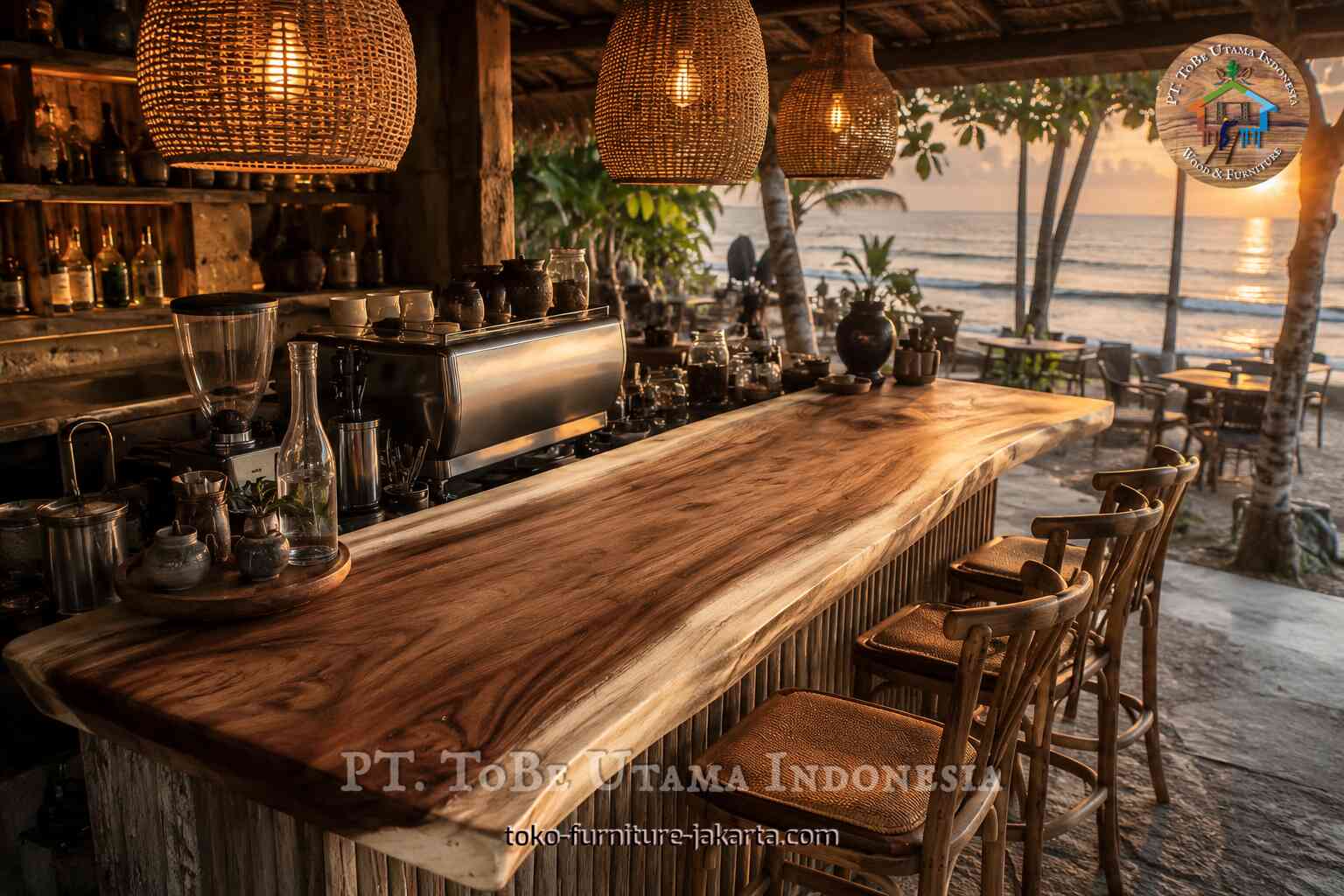 Live edge wood slab bar counter in a tropical beachfront cafe at sunset with woven pendant lights