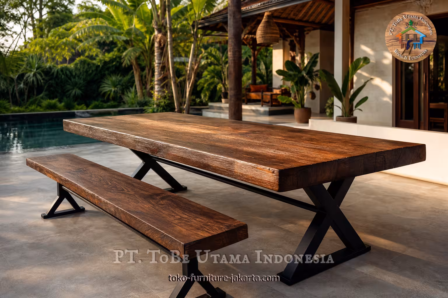 Wooden outdoor dining table and bench on a tropical patio beside a pool
