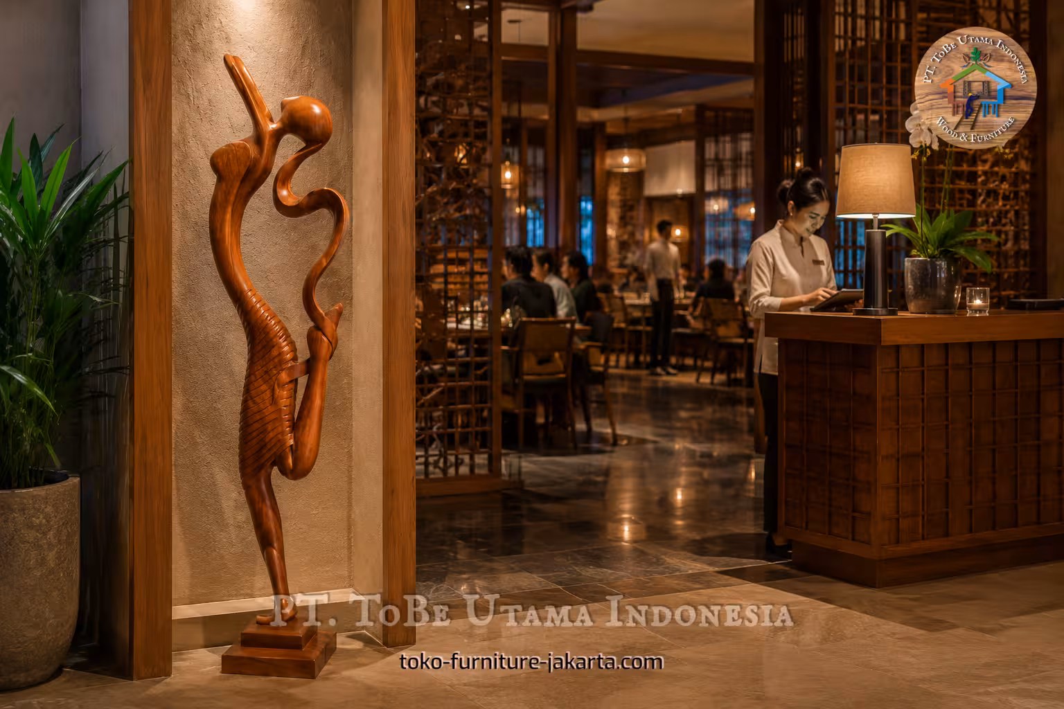 Tall wood-finish decorative statue displayed near a restaurant entrance