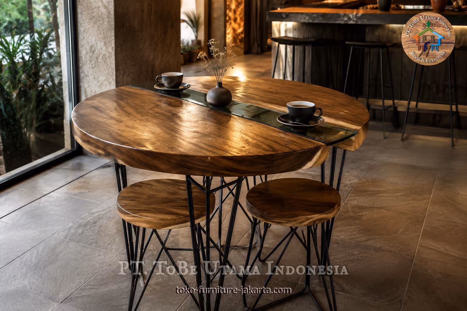 Round wood-look dining table with black metal legs, matching stools, coffee cups, and vase in a cafe