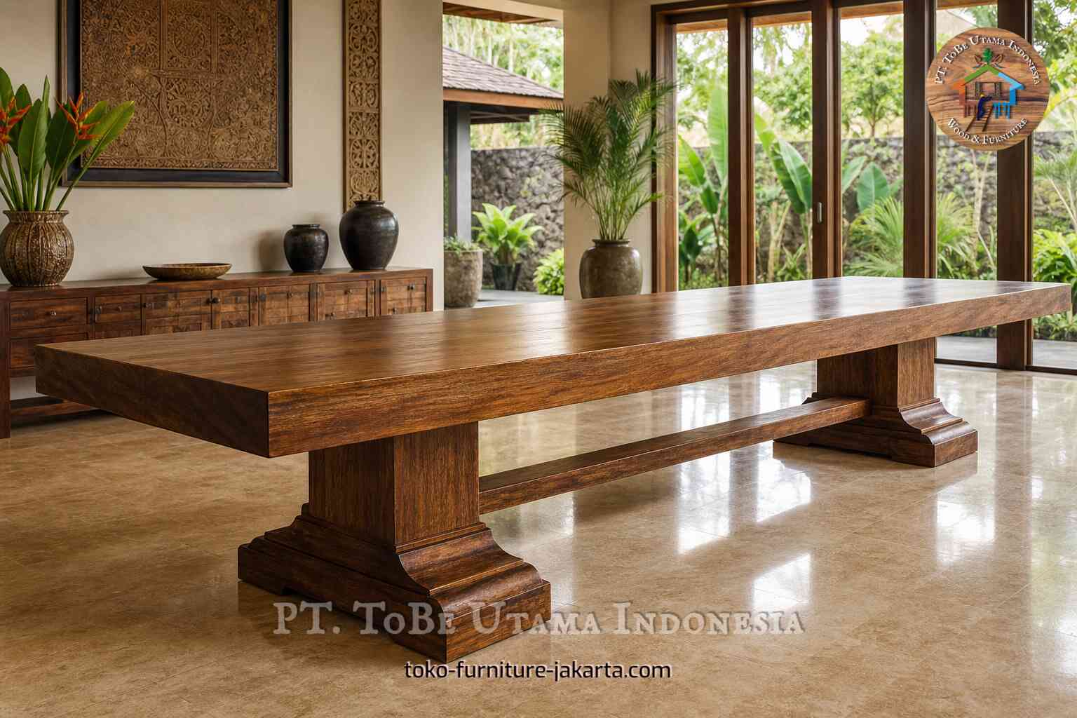 Meja makan kayu dengan kaki penyangga di ruang makan tropis yang terang.