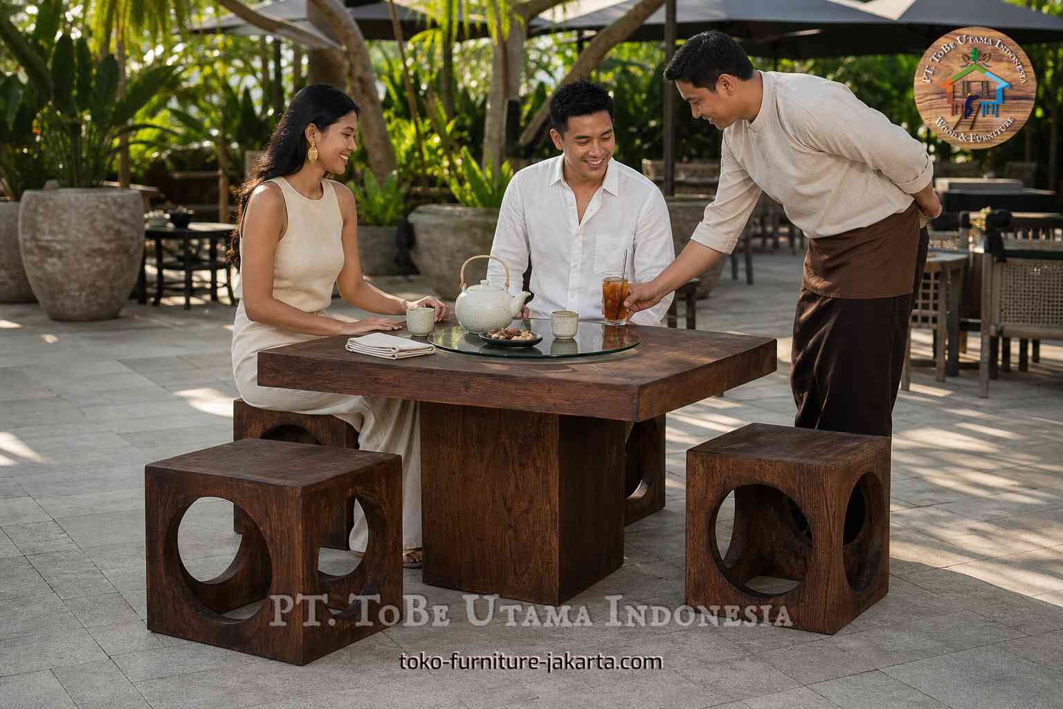 Square wood-look cafe table with matching cube stools on a tropical outdoor patio as guests enjoy tea