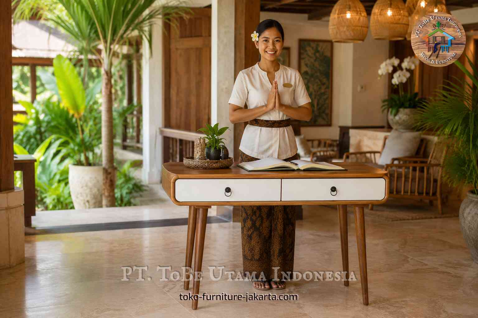 Meja kerja bermotif kayu dengan laci putih di lobi bergaya tropis dengan tanaman dan lampu gantung anyaman.