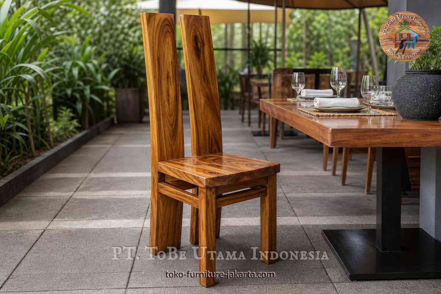 Kursi makan kayu dengan sandaran ganda tinggi di samping meja restoran teras.