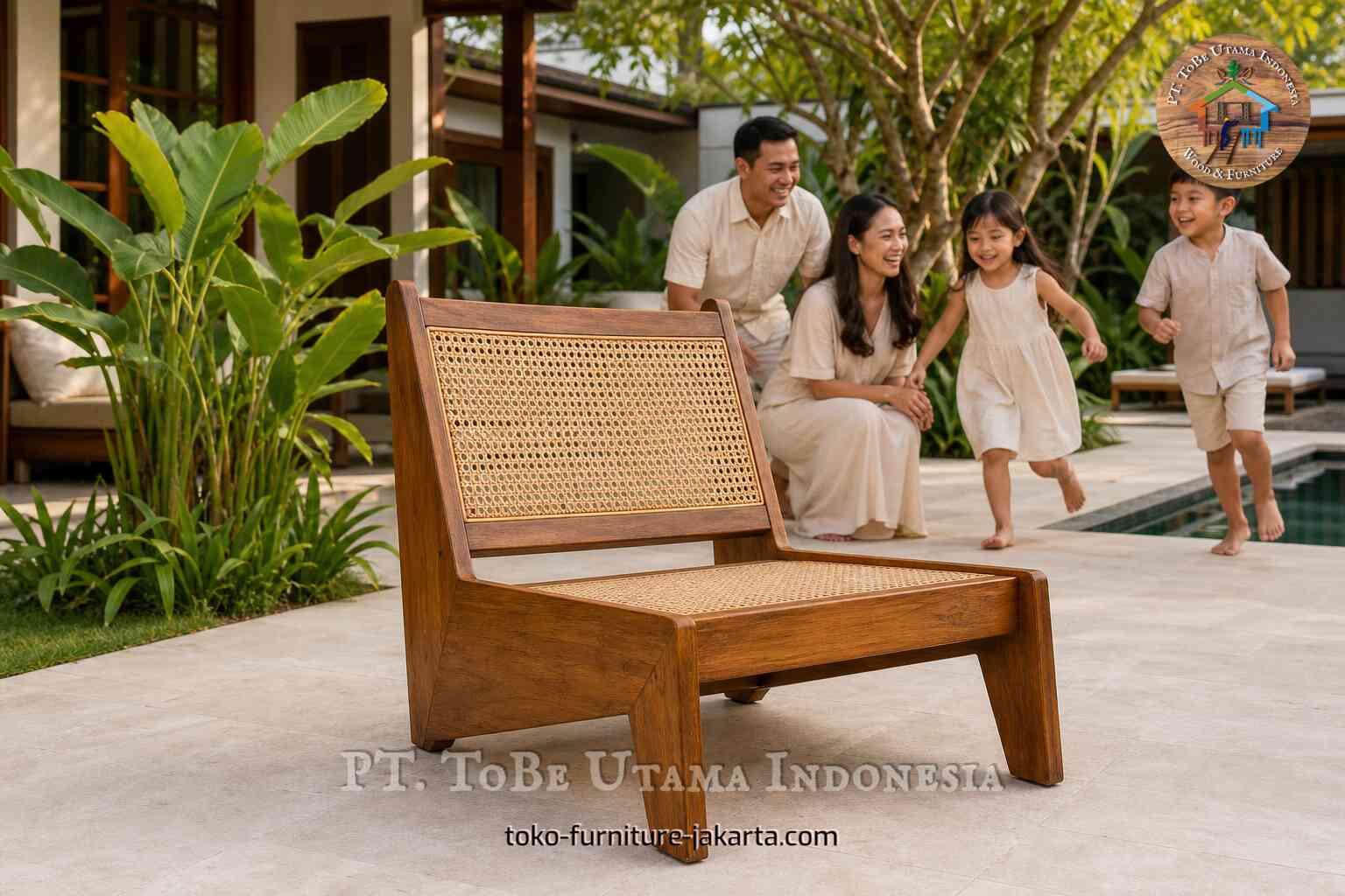 Kursi tamu bergaya rotan dengan rangka kayu di teras tepi kolam renang tropis dengan keluarga di latar belakang.