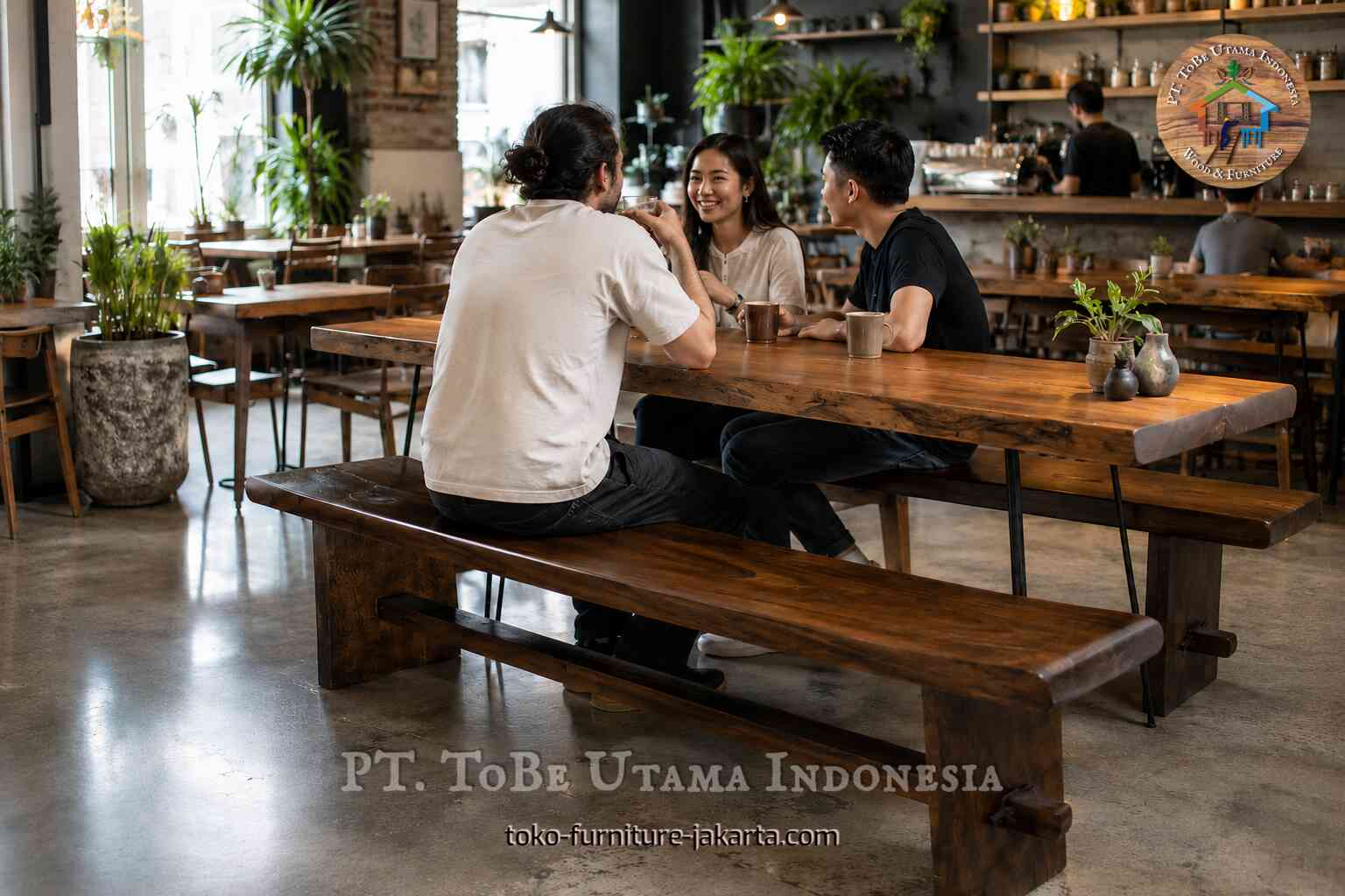 Long wooden bench beside matching table in a plant-filled cafe with people seated