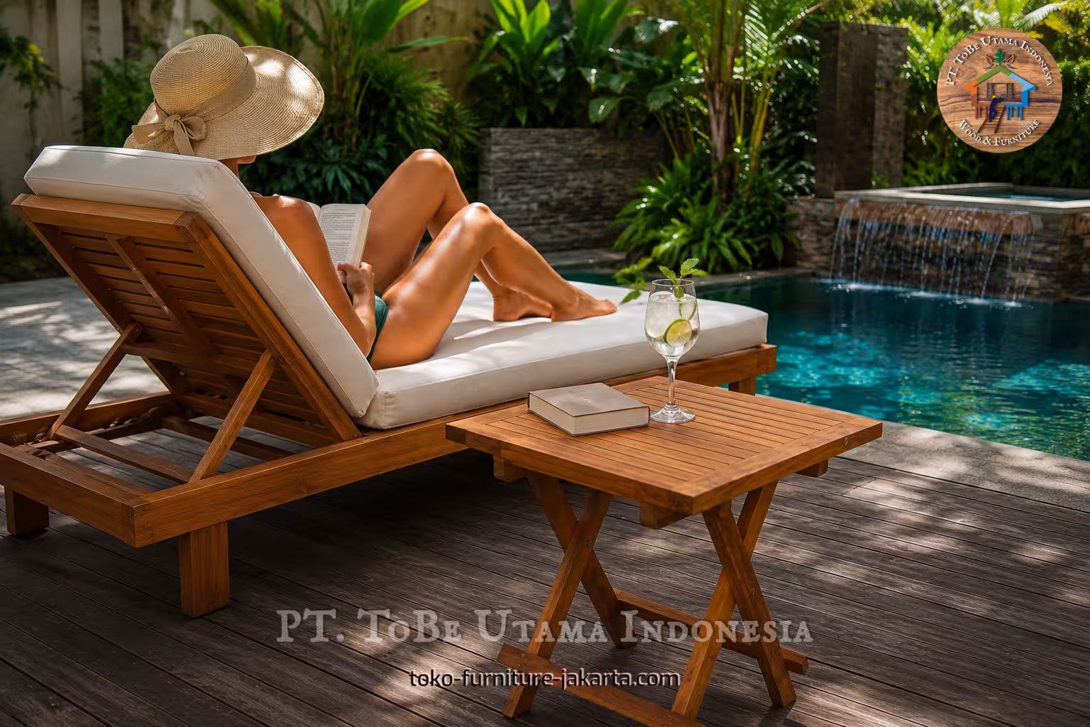 Square slatted terrace table beside a cushioned pool lounger with drink and book on a tropical deck