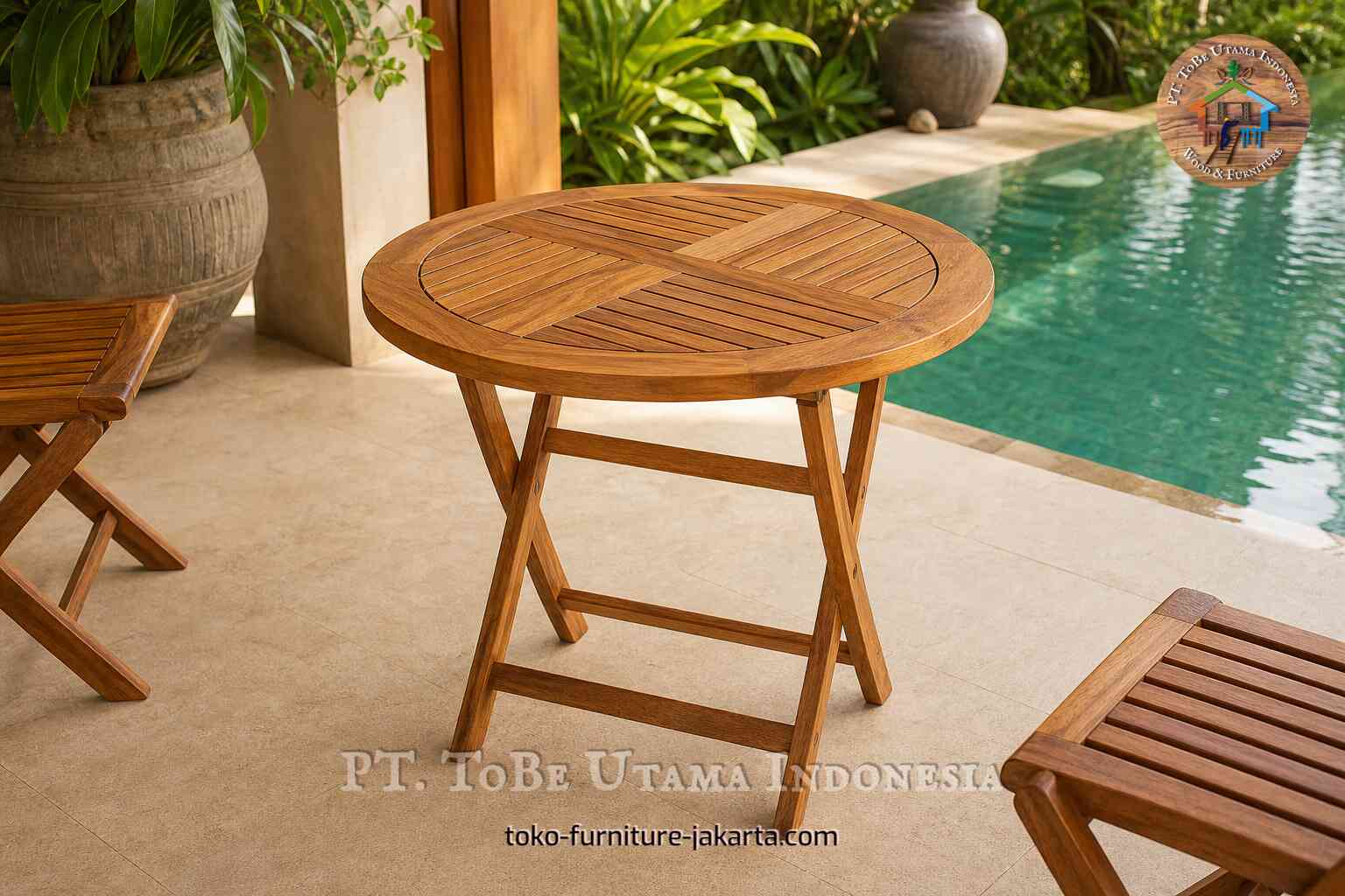 Round terrace table with slatted top on a tiled patio beside a pool