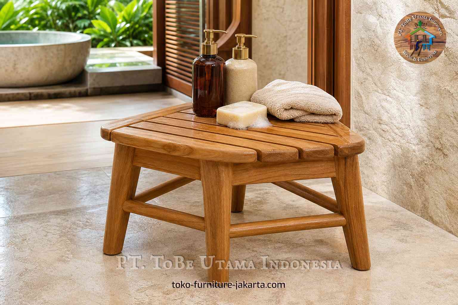 Slatted bathroom stool with soap, towel, and pump bottles in a spa-style bath setting