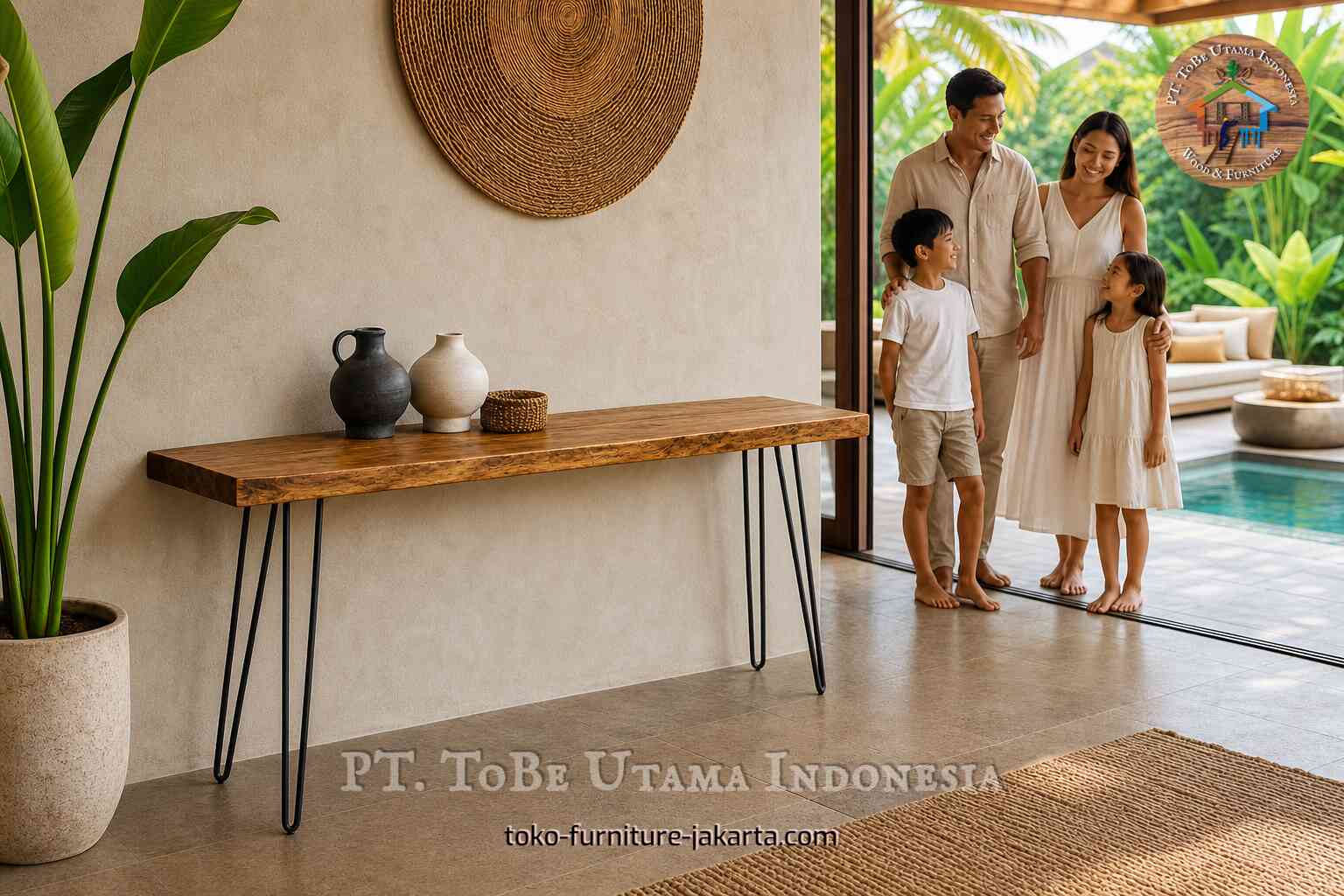 Wood-look wall console table with black hairpin legs in a tropical entryway beside a pool