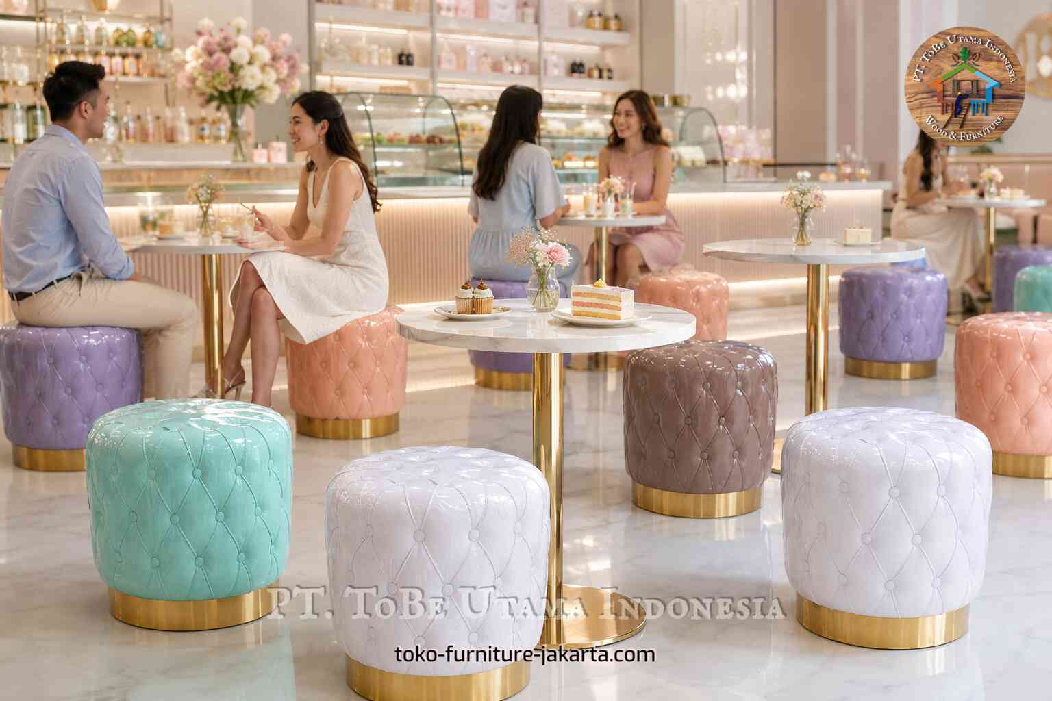Pastel tufted sofa stools with gold-tone bases around cafe tables in a bright dessert shop