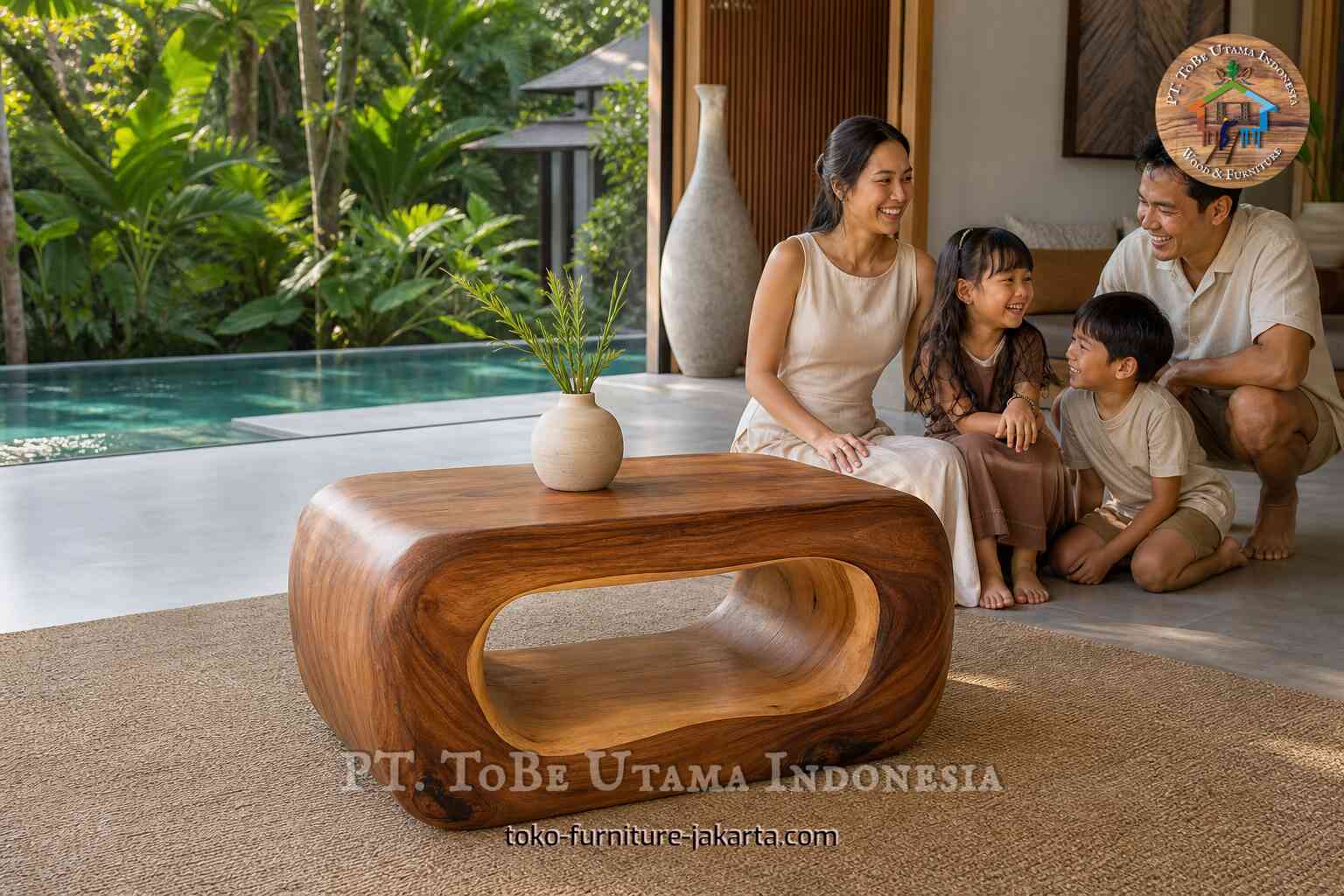 Meja kopi bundar dengan finishing kayu dan bagian tengah terbuka di samping kolam renang.